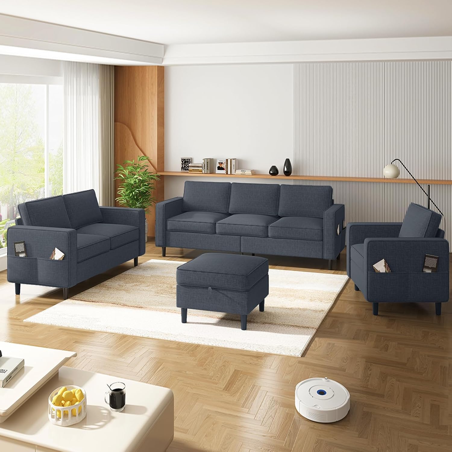 ADOWORE 3-Piece Sofa Set in a living room, showing the L-shaped sofa, loveseat, armchair, and ottoman.