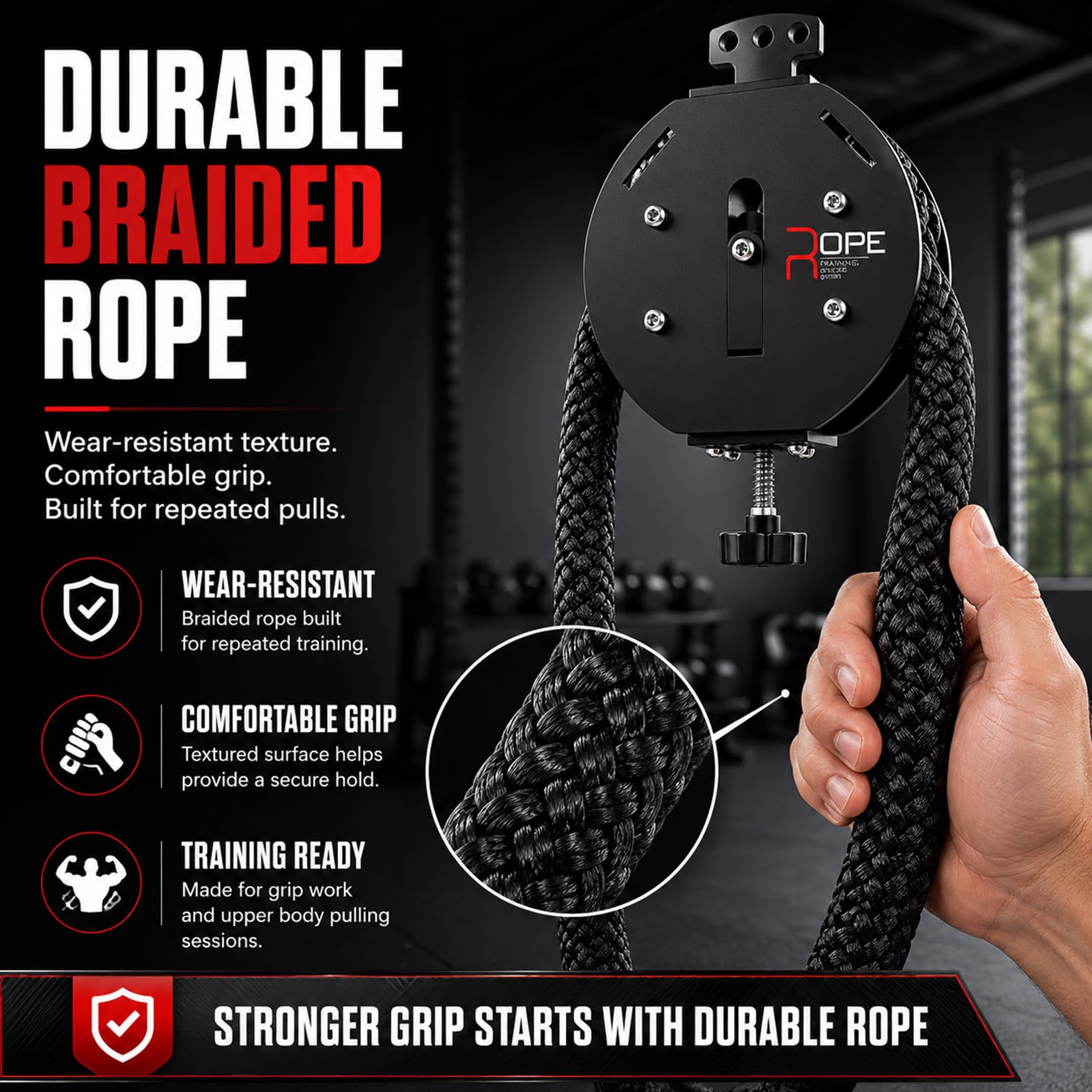 Oszczędność miejsca w domu, Trenażer linowy Endless Rope Trainer z liną 4 m i oporem 3-20 kg, do home gym, pleców, ramion i grip training, do małych przestrzeni