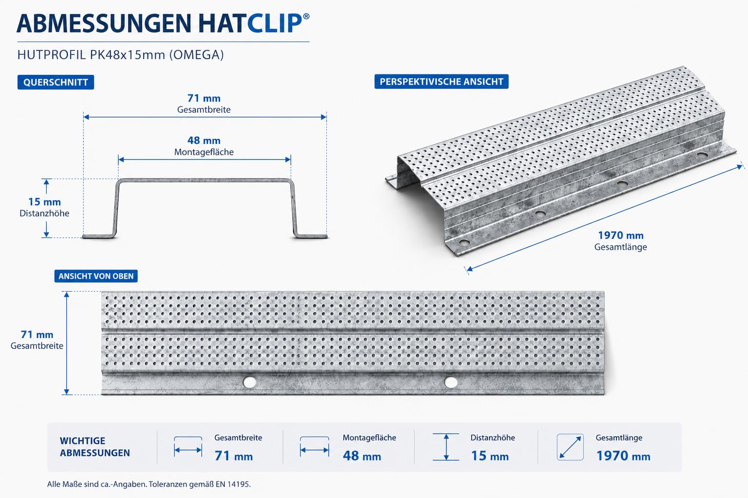 Profilo IDS Hutprofil PK 48x15 mm 2000 mm per cartongesso Profilo per soffitto Profilo a parete in acciaio zincato HatClip System 10 pezzi