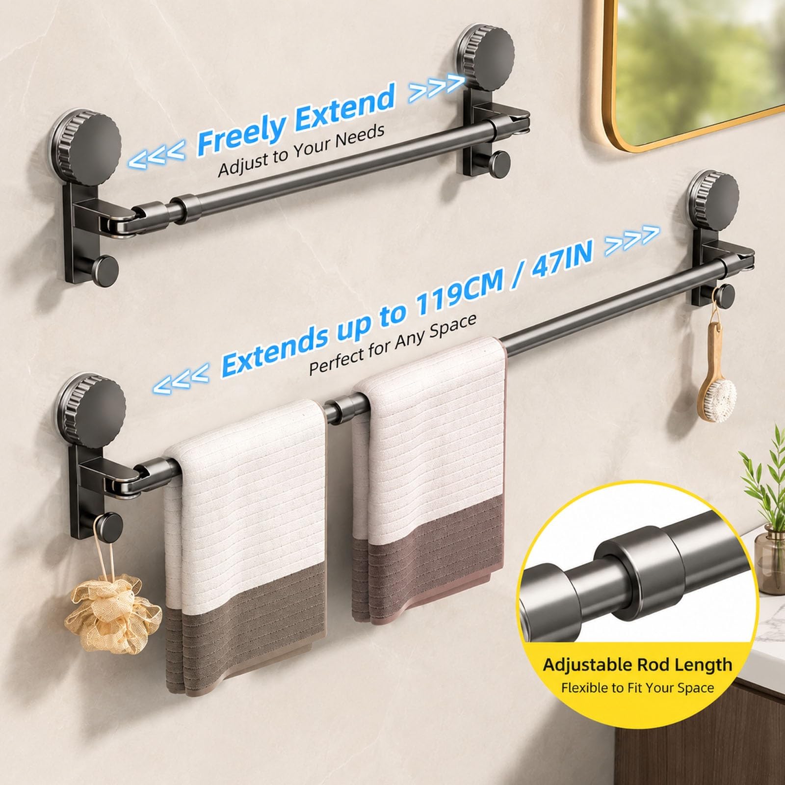 Barra Cortinas Extensible, Barra Ducha Extensible | Ajustable de 36 a 139 Cm, Acero Al Carbono, Sin Necesidad de Taladrar, Ventosa Antideslizante(Black,75-139cm/30-55in)