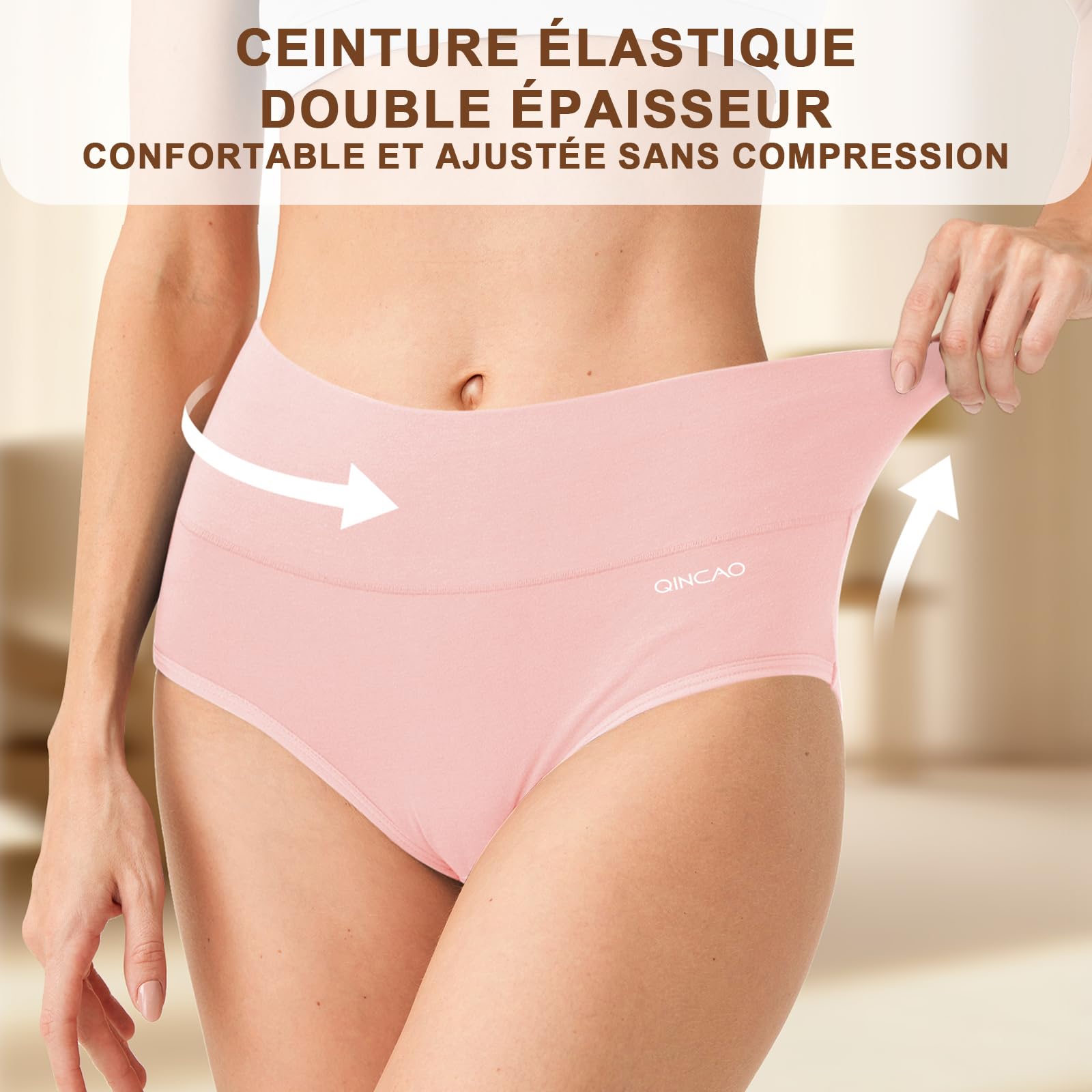 QINCAO Culotte Femme Coton Taille Haute 6 Pack, Élastique Respirant et Doux | Culotte Femme en Coton, Modèle Élastique Confort à Taille Haute, Double Protection Entrejambe, Design Sans Étiquette