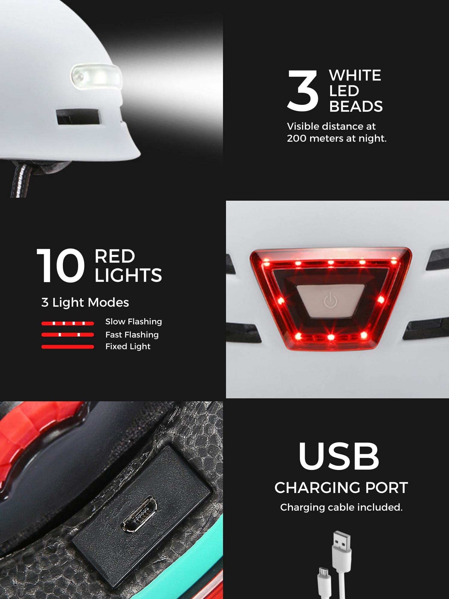 Casco Bici o Monopattino Elettrico con Spia Rossa + Luce Frontale Bianca. Casco Ciclismo Bicicletta, Skate, Leggero con Fodera Rimovibile, Guscio PC + EPS, 14 prese d'aria e Cavo di Ricarica USB.
