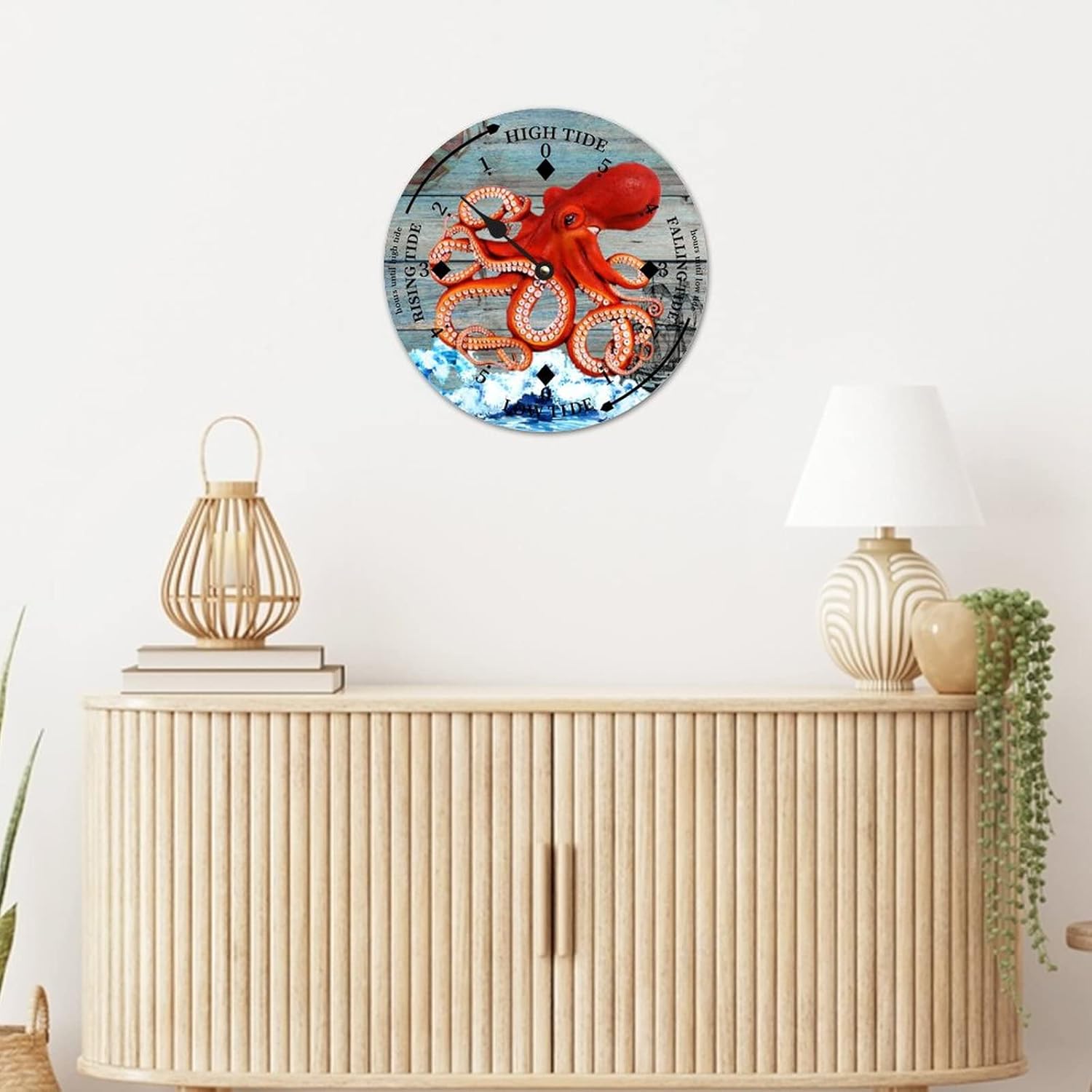 Rustic Wood Tide Clock Ocean Octopus Ocean Time Rustic Wooden Clock Wood Moon Tidal Clock for Wall High and Low Tide Movement Clock for Seaside House Cottage Hotel Camping 15x15 in