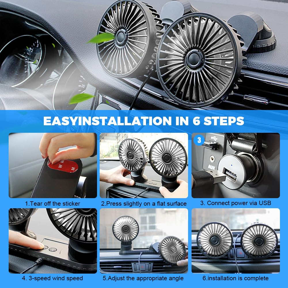 Ventilateur Auto, Ventilateur Voiture USB, 3 Niveaux Ventilateurs De Voiture à Double, VentilateurVoiture Refroidissement Avec Réglable à 360 °, Pour Camion, Camionnette, SUV, Camping-Car
