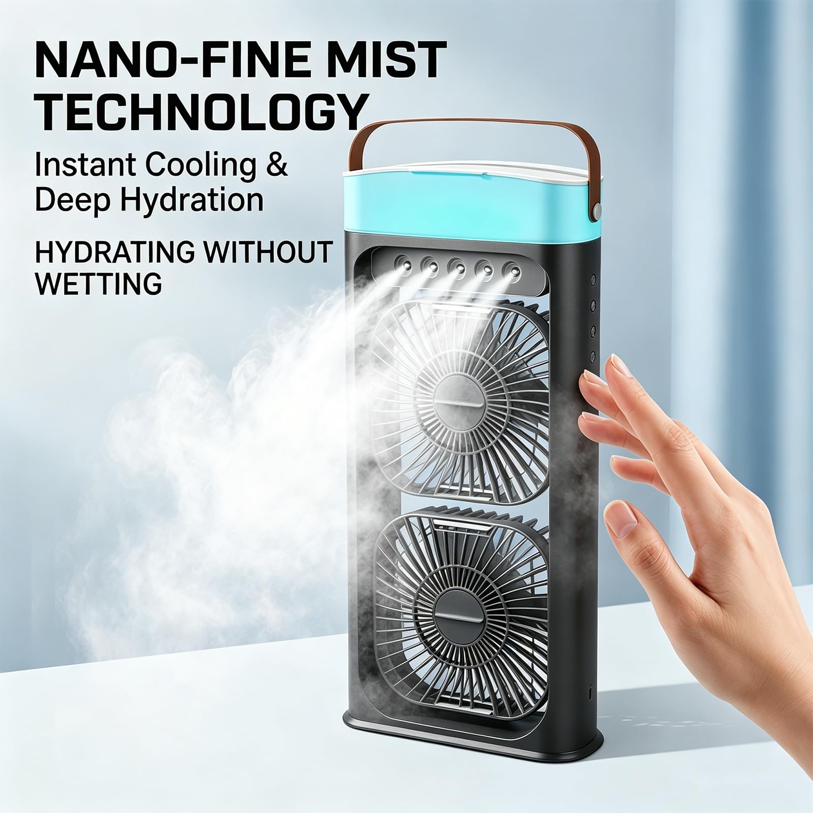 Climatizzatore portatile a 3 velocità, ventilatore da tavolo, 4 in 1, con nebulizzatore d'acqua, per casa e ufficio (nero)