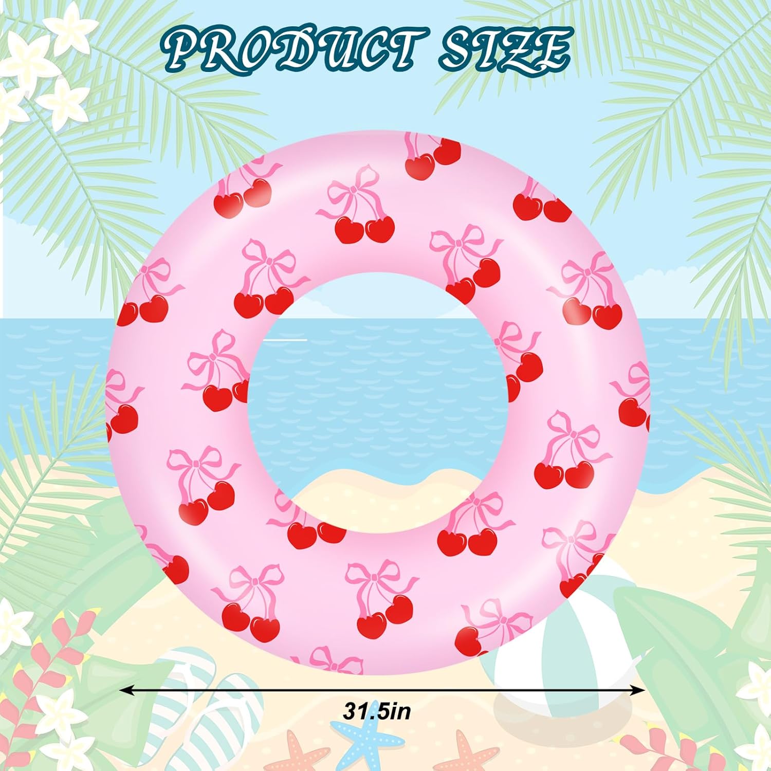 Whaline 4 Pcs Summer Inflatable Swimming Float Toy Swim Ring Pink Cherry Bow Pool Lounger Tube for Teen Boy Girl Swimming Beach Party, 31.5 Inch