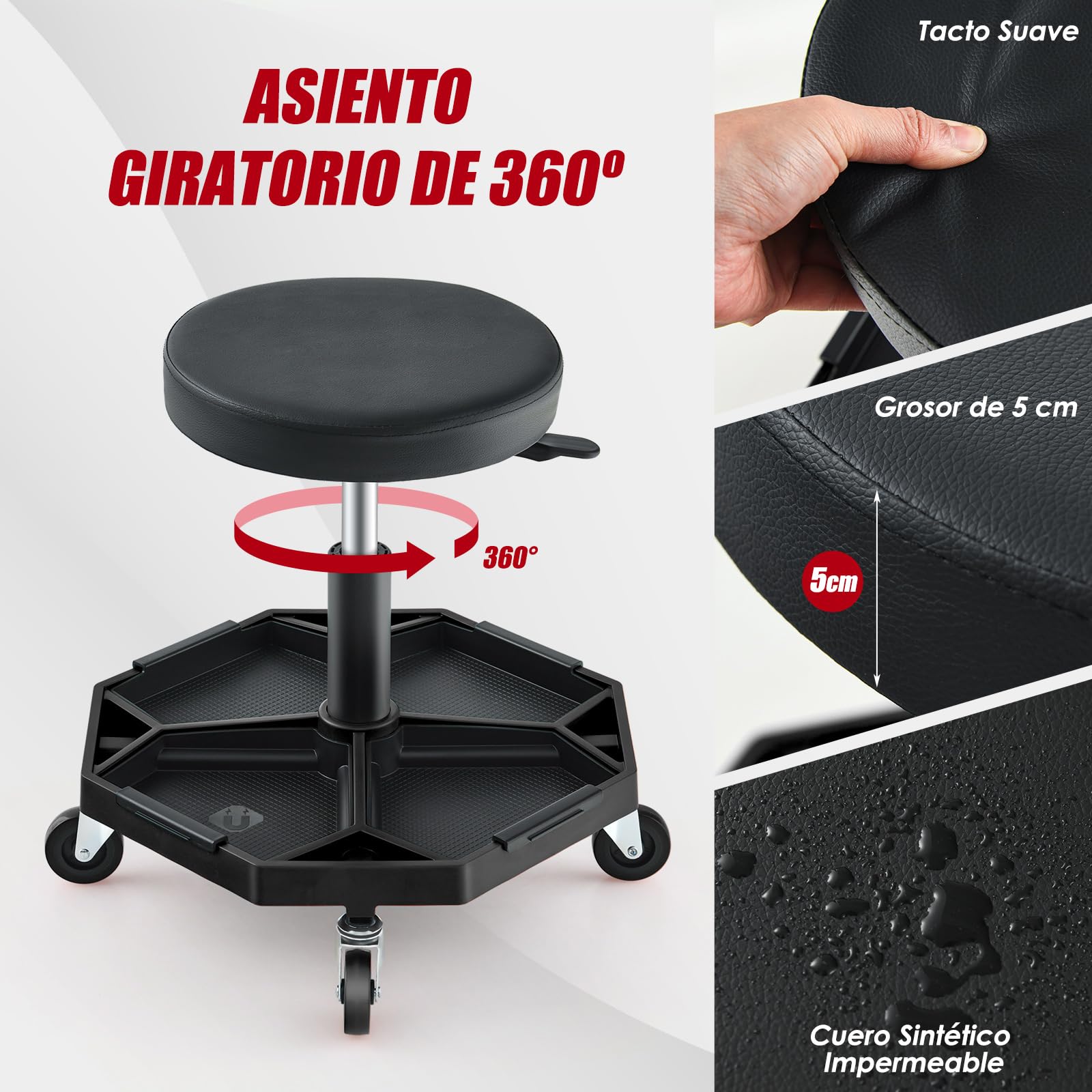 COSTWAY Neumático Rodante Taburete Mecánico, Asiento Ajustable con Asiento Acolchado de 150 KG, Bandeja para Herramientas, Taburete Rodante para Garaje y Taller de Reparación de Automóviles (Negro)