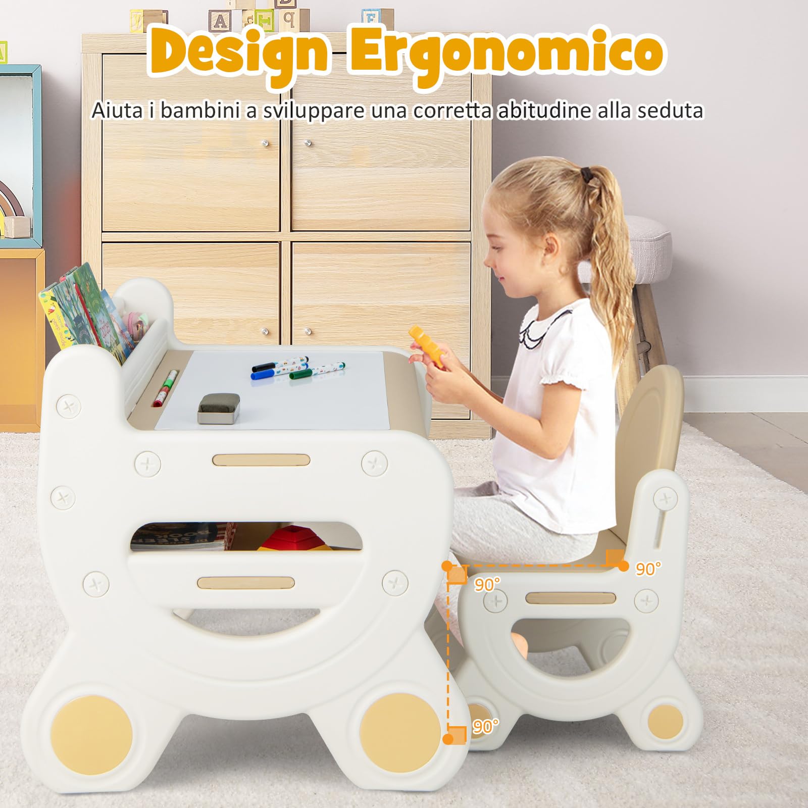 COSTWAY Set Tavolo e sedia per Bambini, Tavolo per Bambini con Sedia, Tavolo da Disegno Cancellabile e Ripiano, per Disegnare, Leggere, Giocare, Ideale per Bambini 3-8 Anni (Brown)