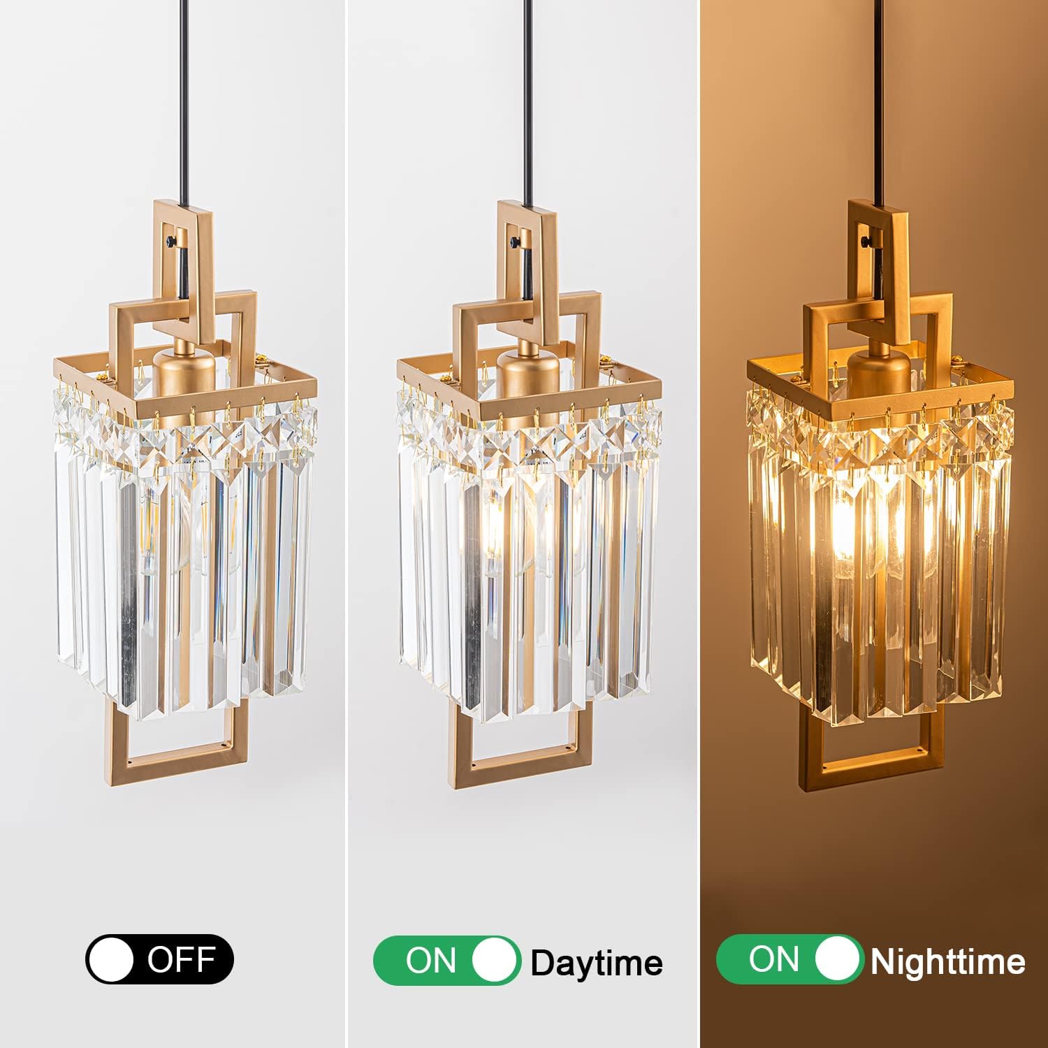 Modern Gold Pendant Light Fixtures for Kitchen Island and Dining Room, Industrial Small Hanging Crystal Chandelier Light Fixture for Bedroom Entryway Living Room Foyer Hallway 3-Pack