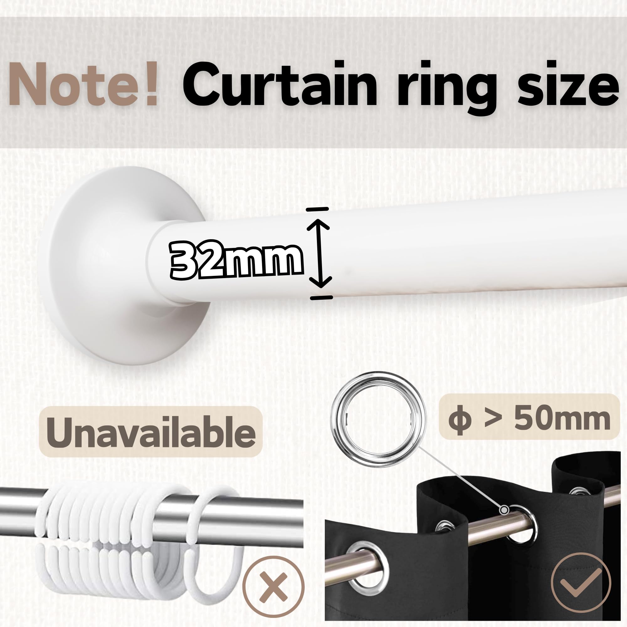 Curtain Poles Extendable Pole Non-Slip Tension Rods Shower Curtain Rails Extra Long for Living Room Bedroom, Bathroom - Image 2