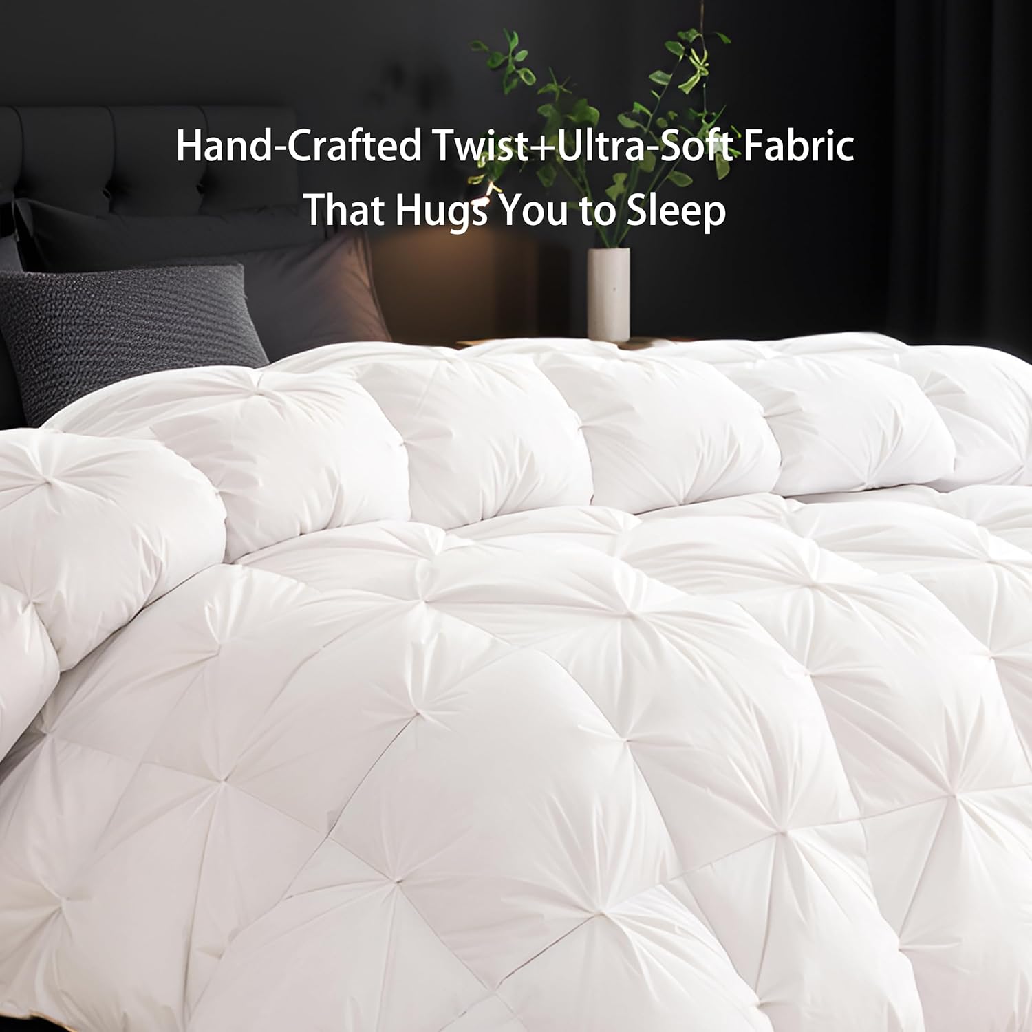 HANYUN White Goose Down Feather Comforter Queen Size,Luxurious Pinch Pleat Duvet Insert with Cotton Shell Breathable & Fluffy All-Season Bedding Comforter with 8 Tabs 90" x 90"