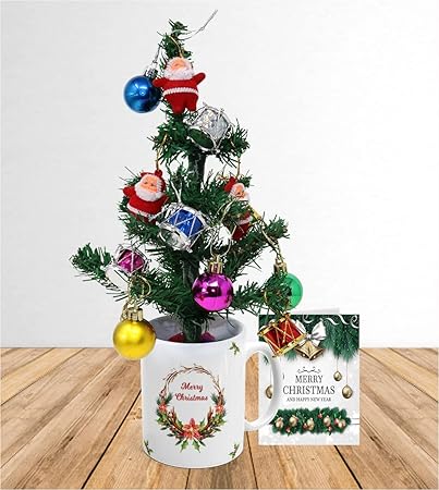Khakee Merry Christmas Theme Mug & Xmas Tree with 10 pcs Ornaments & Xmas Card Combo Set - Xmas Decoration Gift Set(cmx21-724)