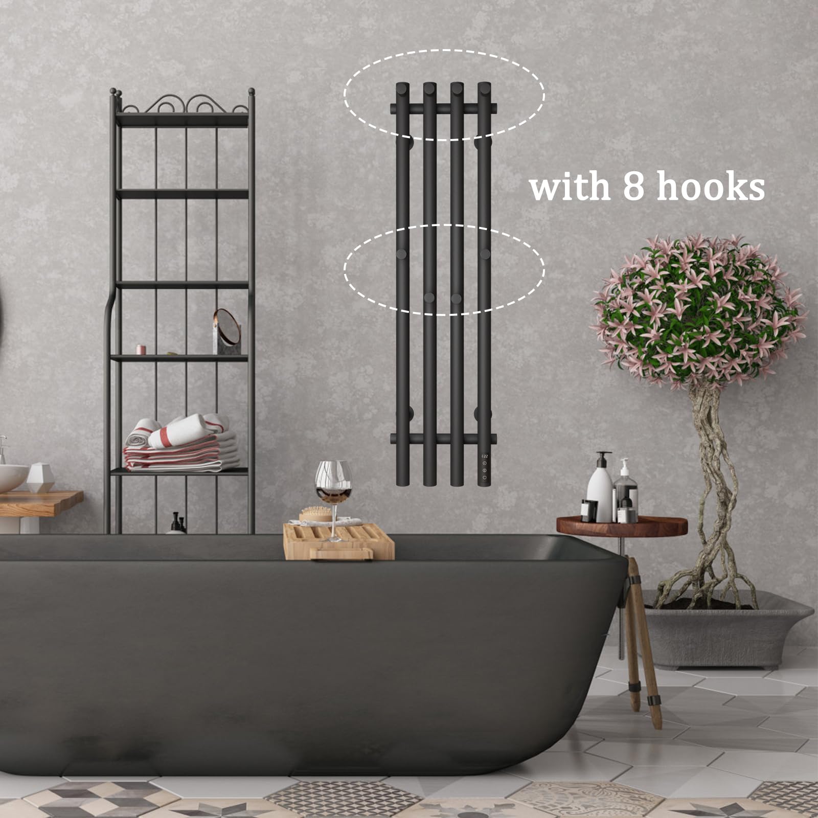ESOP Radiador Toallero Eléctrico Baño Negro 100 W Radiador Calienta Toallas de Toallero, 950x257 mm WiFi Inteligente de Temperatura Constante Toallero Calentado para Baño, con 8 Ganchos