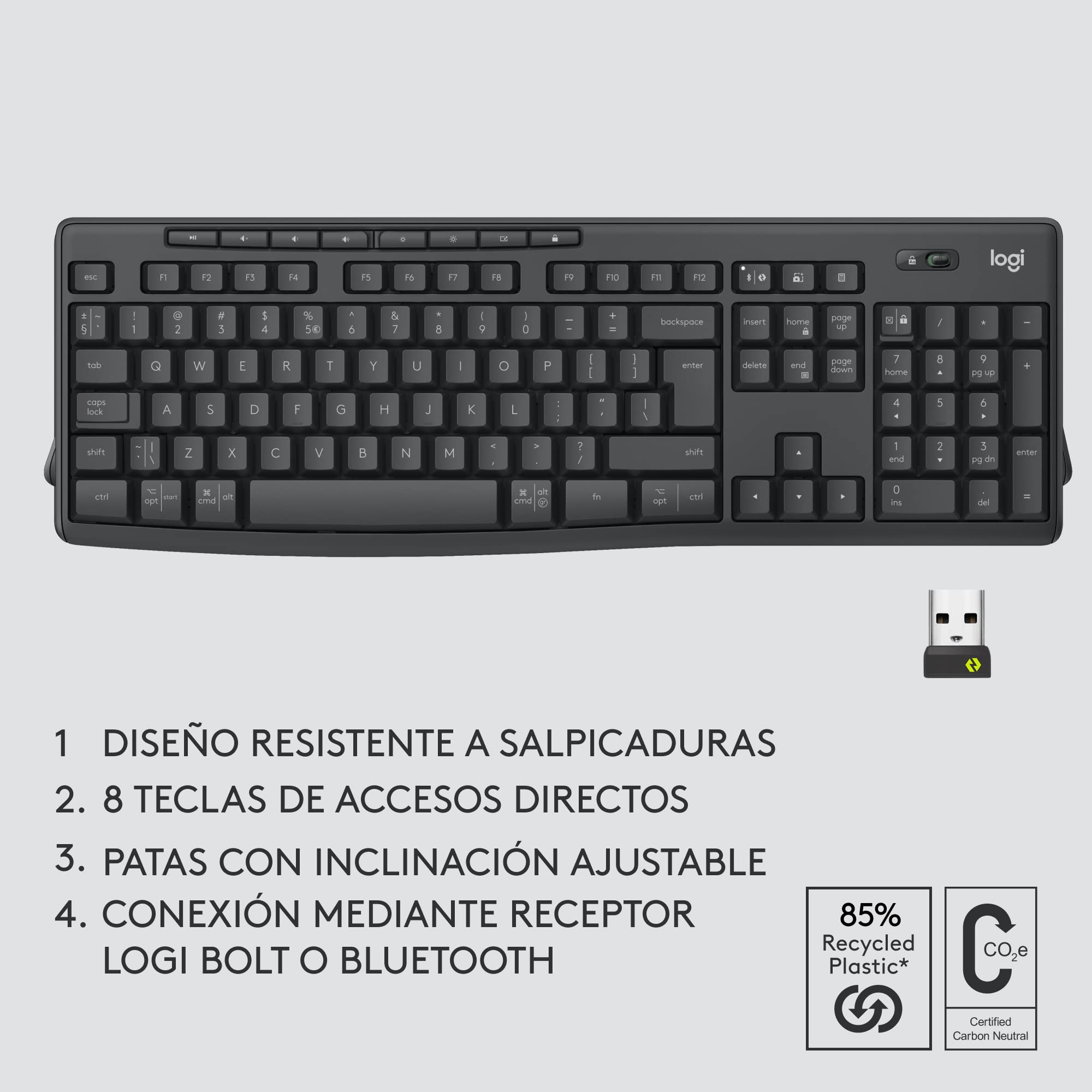 Logitech MK370 Combo Empresa, Teclado inalámbrico estándar y ratón inalámbrico, Receptor USB Logi Bolt, Bluetooth, certificación Mundial Windows/Mac/Chrome/Linux, QWERTY Español, Gris