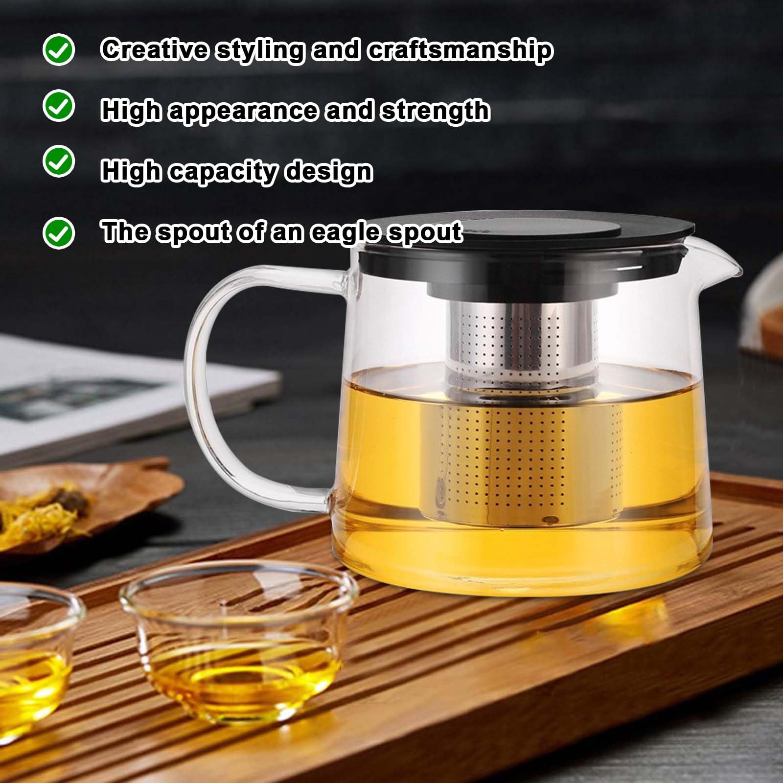 Teiera in vetro, 1,5 l, resistente al calore, con colino da tè in acciaio inox rimovibile e coperchio, teiera con inserto per colino, teiera termica per tè fiorito e tè alle foglie sciolto