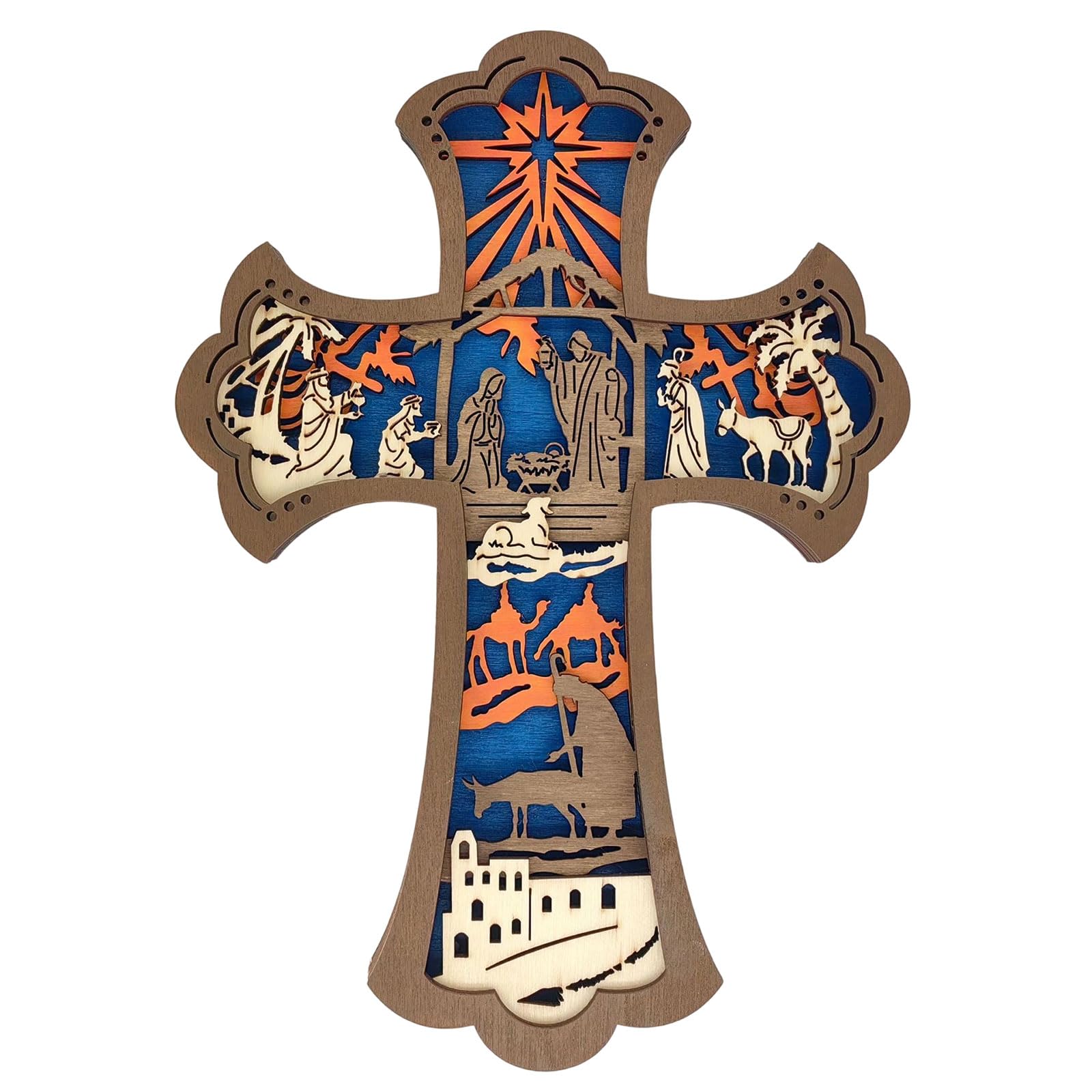 Wood Nativity Crosses Wall Decors Carved Manger Scene Wall Hanging Decors Religious Gift Home Decorations Nativity Scene