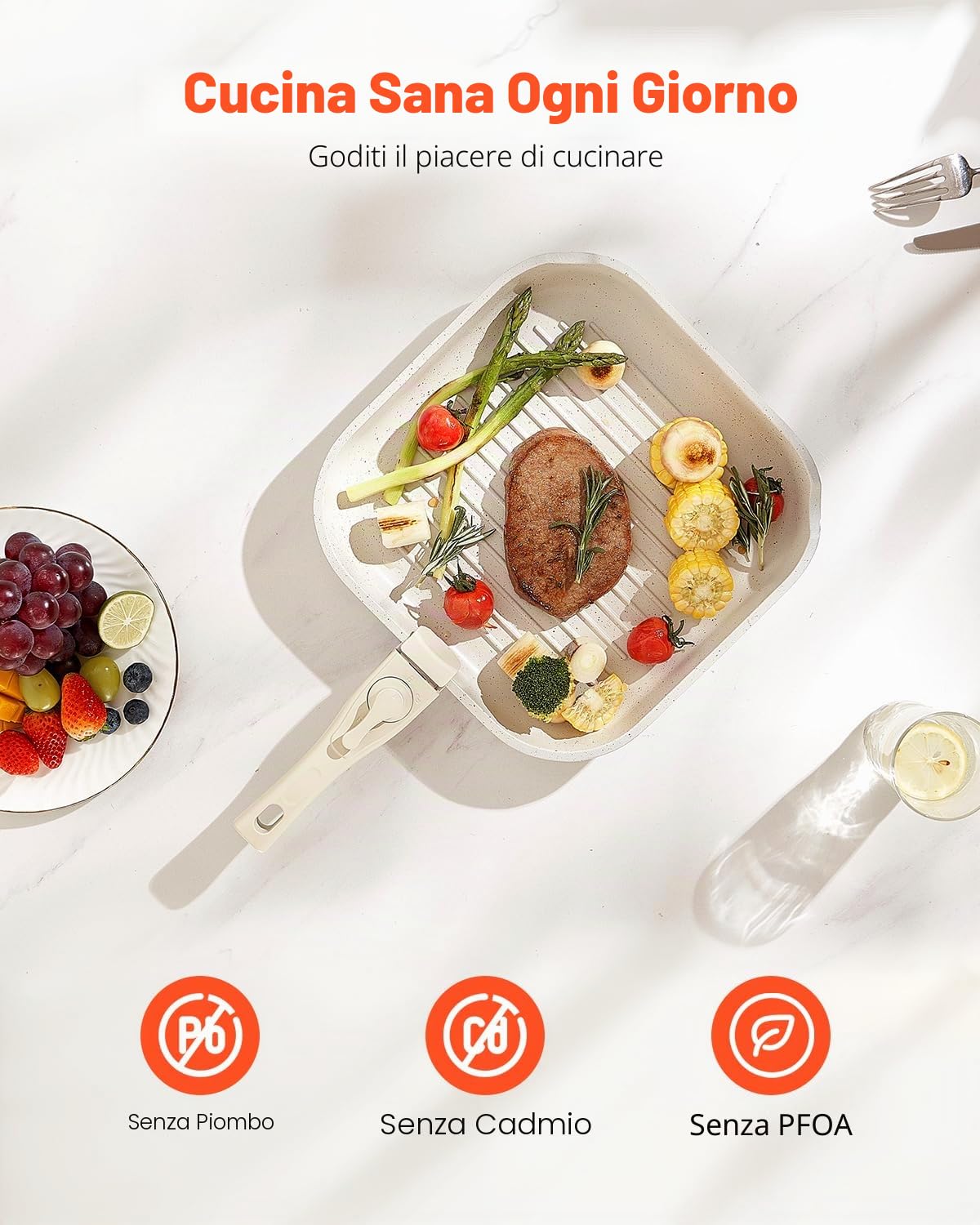 VEVOR Pentole e Padelle Antiaderenti, con Manico Staccabile, Set di Pentole a Induzione da Cucina per Camper, con Frittura, Coperchi in Vetro Temperato, Adatti Forno, Bianco 17 Pezzi