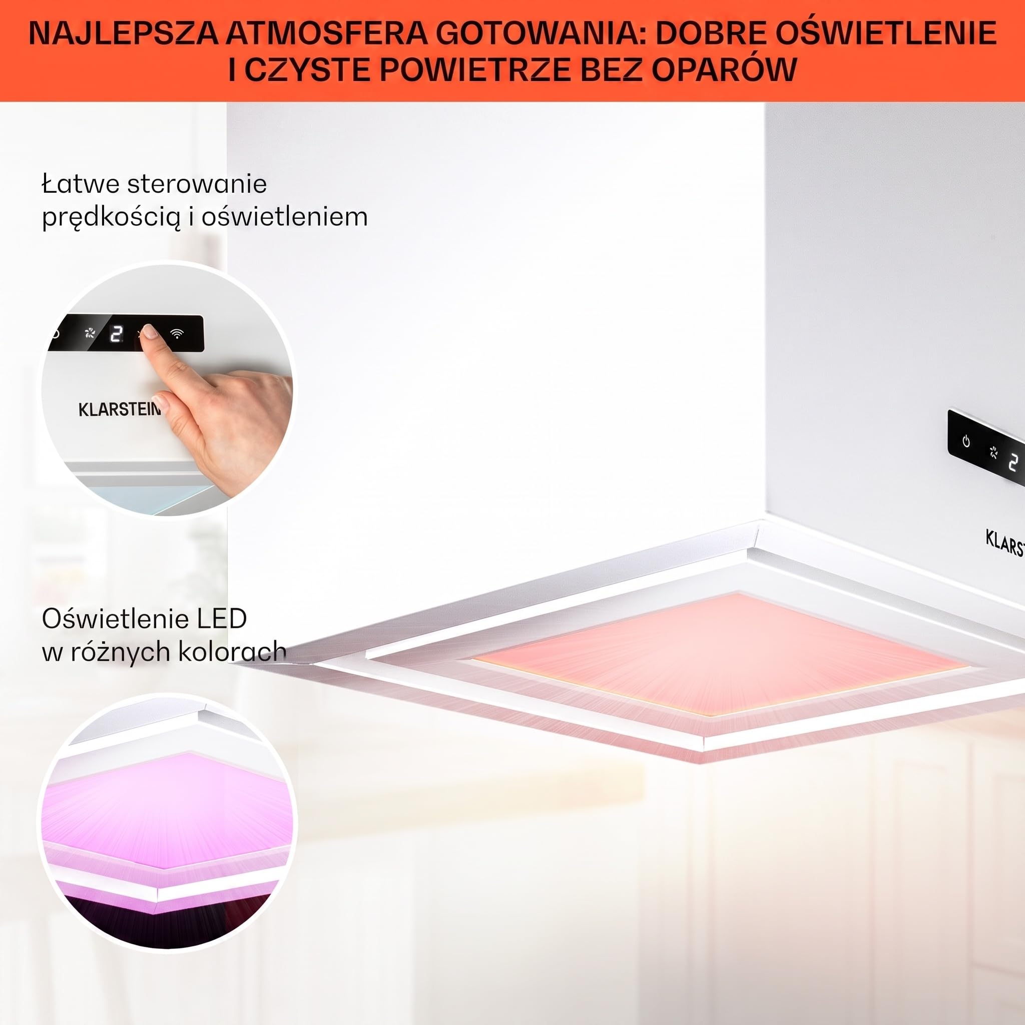Klarstein Okap, Okap wyspowy wiszący, wyciągowy/z recyrkulacją do montażu sufitowego, Nowoczesny z 3 biegami, Przepływ 595m³/h i sterowanie aplikacją, wyspowy sufitowy