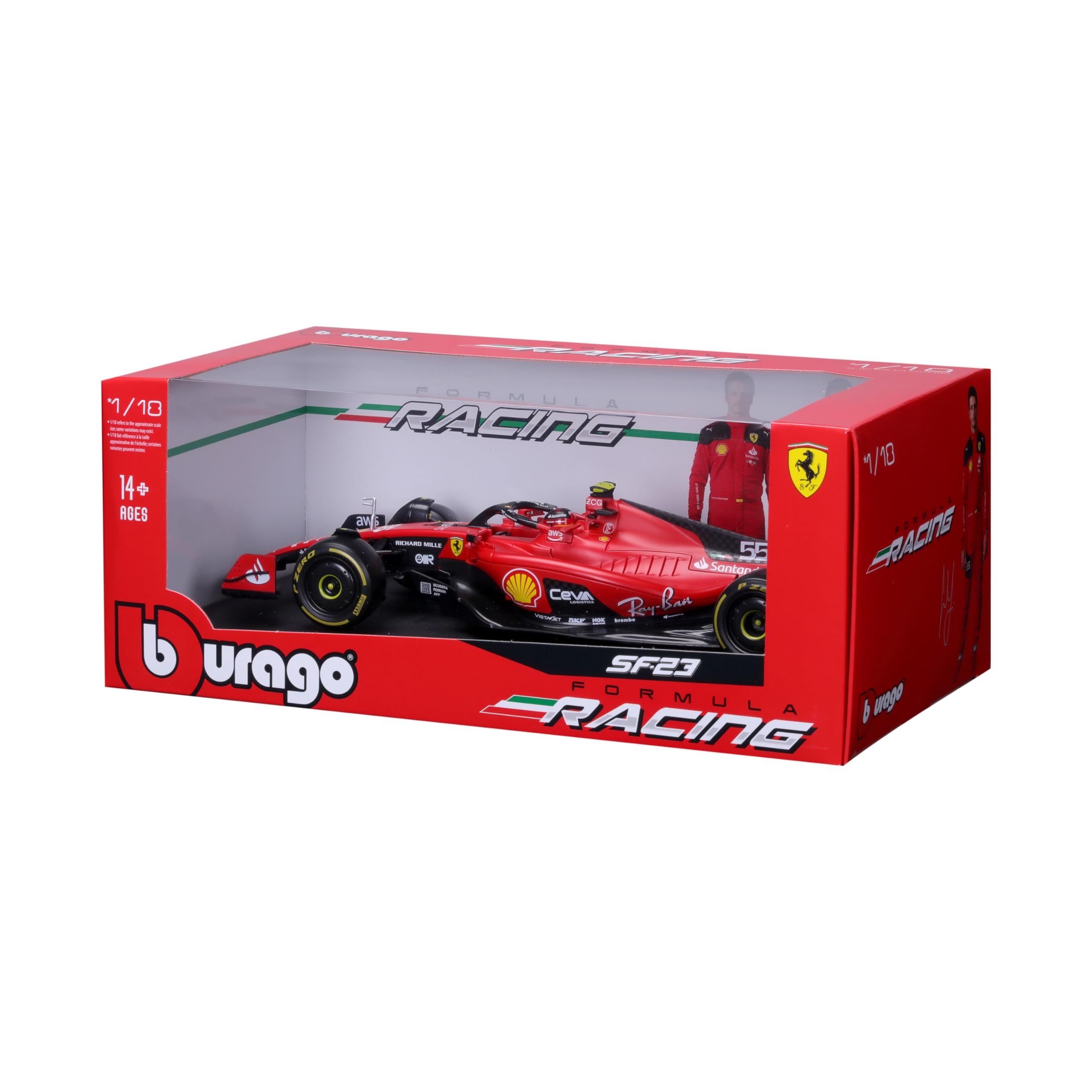 Bburago Formel 1 Ferrari SF-23 (2023): Modellauto im Maßstab 1:18, von Fahrer #55 Carlos Sainz, Window Box, 34,6 cm, rot (18-16812S)