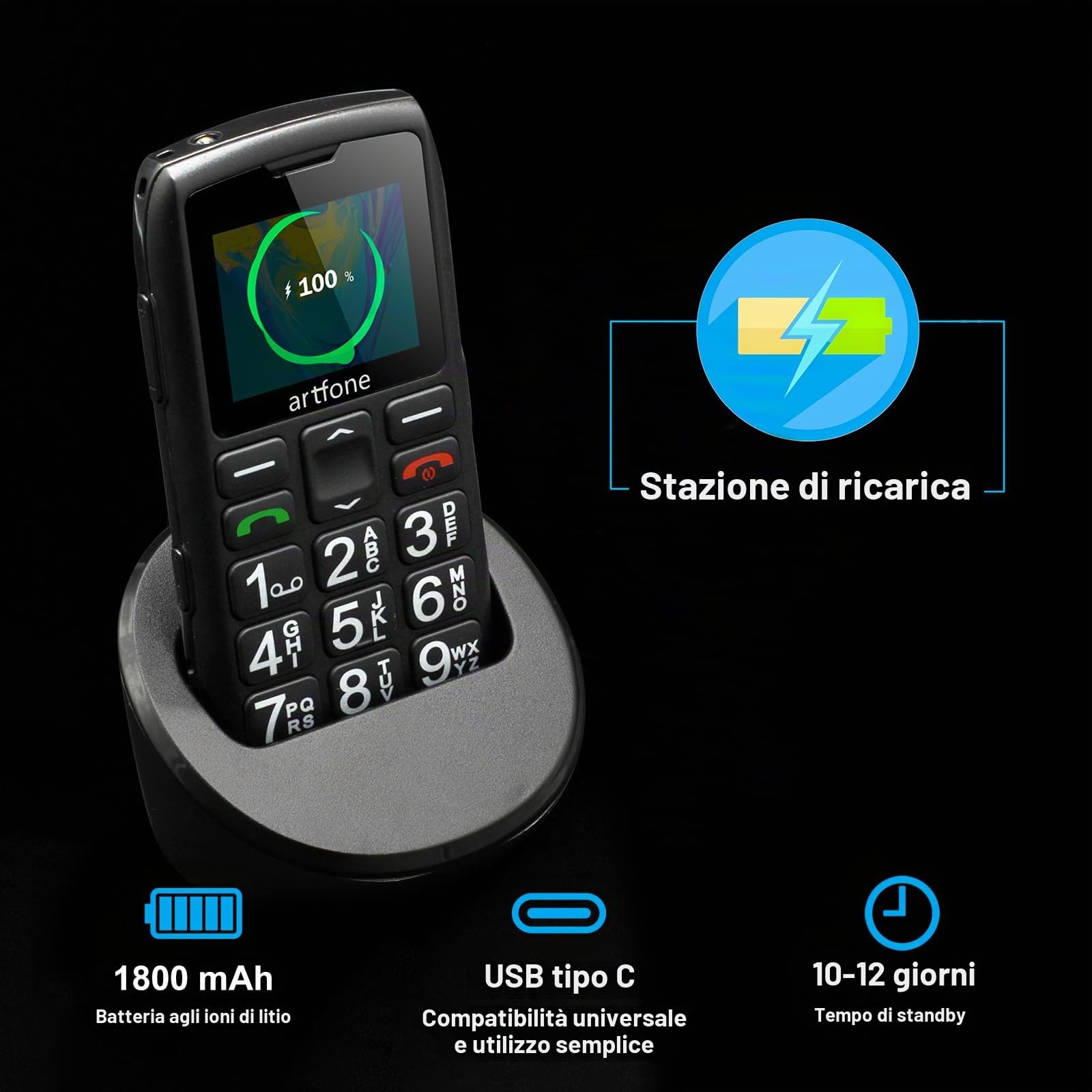artfone C1+ 4G Telefono Cellulare per anziani | Tasto SOS, base di ricarica, altoparlante, chiamata rapida, Bluetooth, USB-C | Telefono robusto con annuncio dell’ora | Menù italiano | Grandi tasti