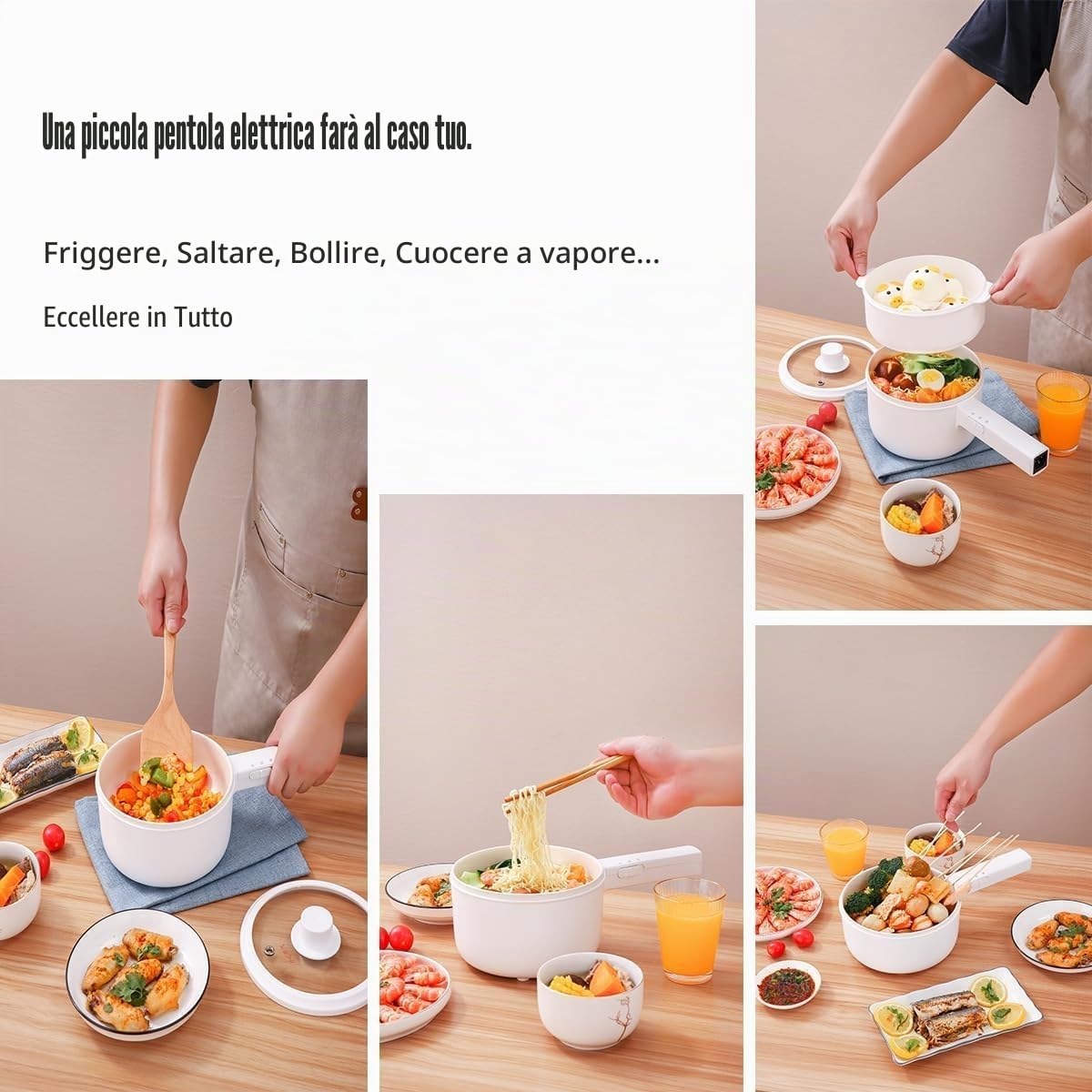 Pentola Elettrica 1.5L con Vapore, Per Friggere/Ramen/Fondue/Zuppa, Adatta per Casa/Studenti/Campeggio, Rivestimento Ceramico Antiaderente, Doppia Regolazione di Potenza, Colore Beige Chiaro