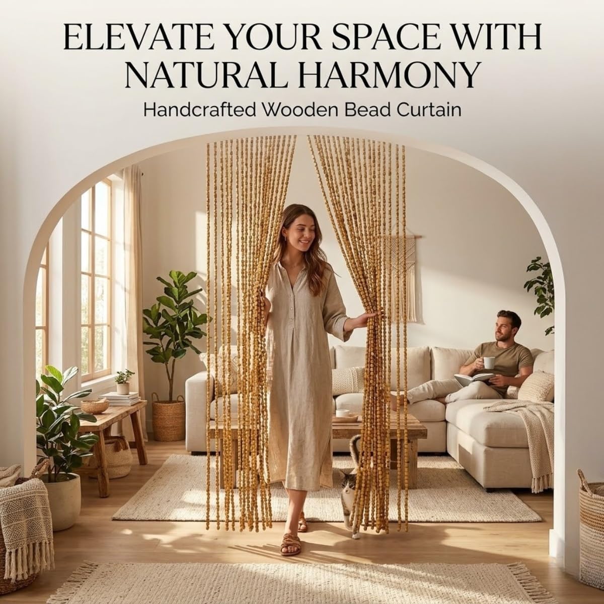Rideau Occultant en Perles de Bois, Rideau de Porte Perle de Bambou Naturel, Séparateur de Pièce Pare-Vue Pour Chambre Salon Couloirs Porch, Suspendu Librement Durable(Original Wood,70x190cm)