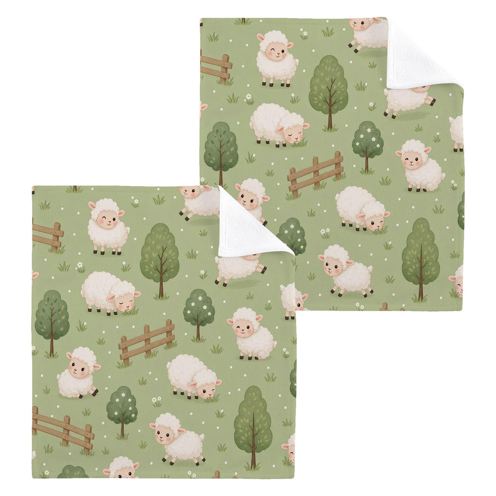 BOESI Meadow Sheep 12x12in Cotton Washcloth,Soft Absorbent Face Towel
