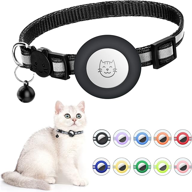 Cat Collar Compatible for Airtag, Waterproof Cat Collar Compatible with Apple Airtag Holder, Reflective Kitten Collar for Small Pets Cat Kitten Puppy (Black)