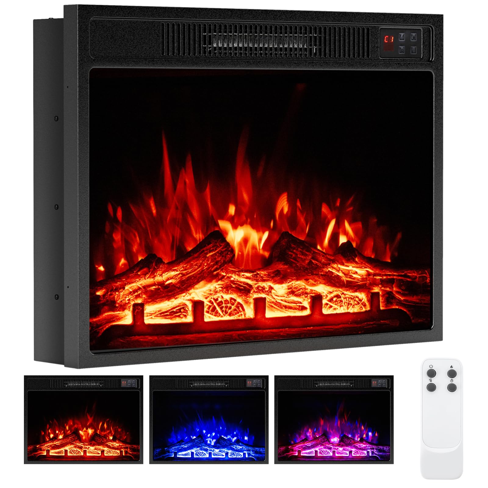 COSTWAY 23”/58cm Electric Fireplace, Recessed Freestanding Fire Heater with 3 Flame Color, 3 Brightness, Thermostat, Timer, Remote Control & Overheat Protection (23”, 750W/1500W, with Logs)