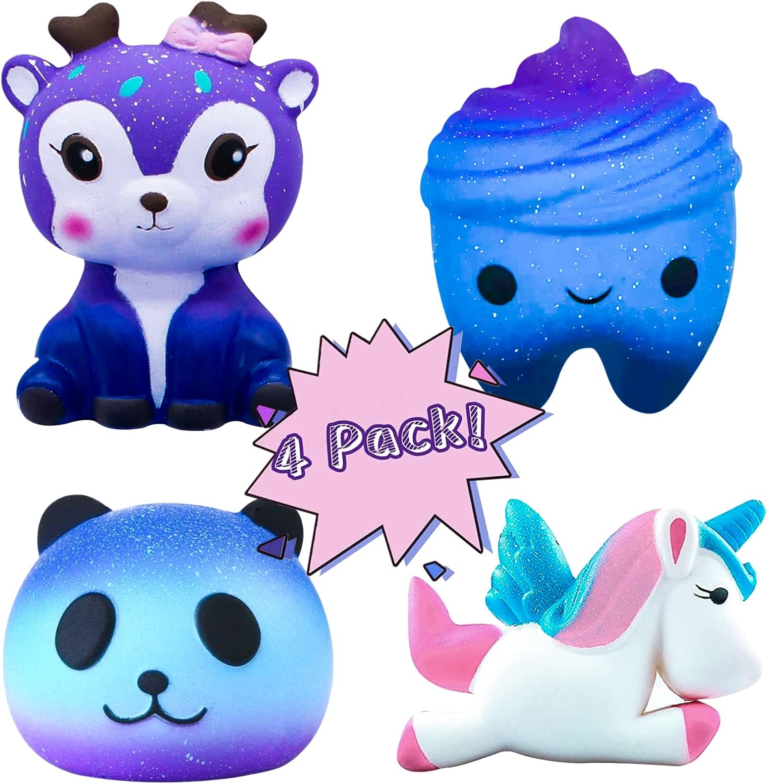 Squishies Toys, hirsrian Slow Rising Squishy Toys Galaxy Jumbo Squishies Scented Stress Relief Squeeze Pack Include Deer Tooth Panda Unicorn for Kids Adults
