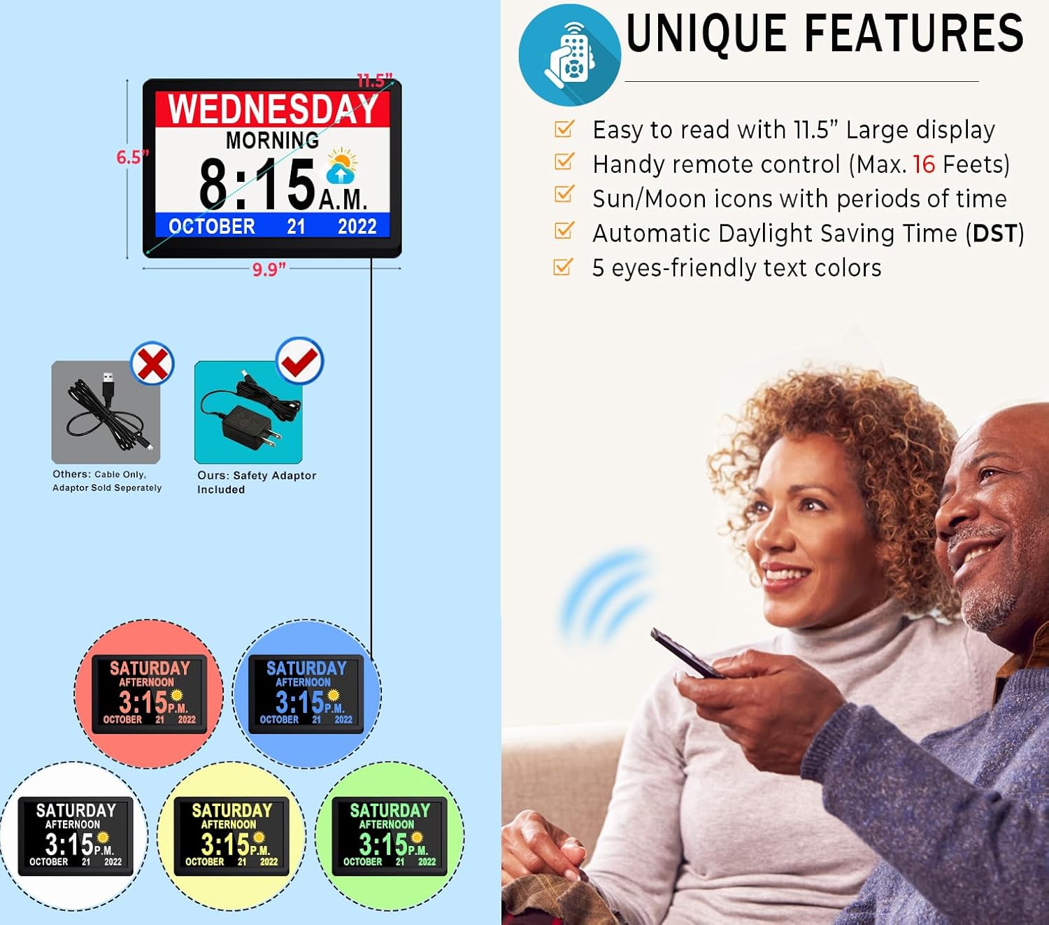 【Upgraded】11.5" Large Digtal Clock with Voice-Talking Day and Date for Seniors, 27 Alarms & Custom Reminders, 10-Level Auto Dimmer, Auto DST, 8 Colors Display Clock for Elderly Dementia Alzheimers