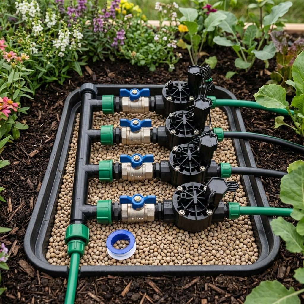 Suinga Sistema di irrigazione automatica per giardino con 4 zone e elettrovalvole Rain Bird HV 1" 24V. Da utilizzare con programmatore elettrico, nero