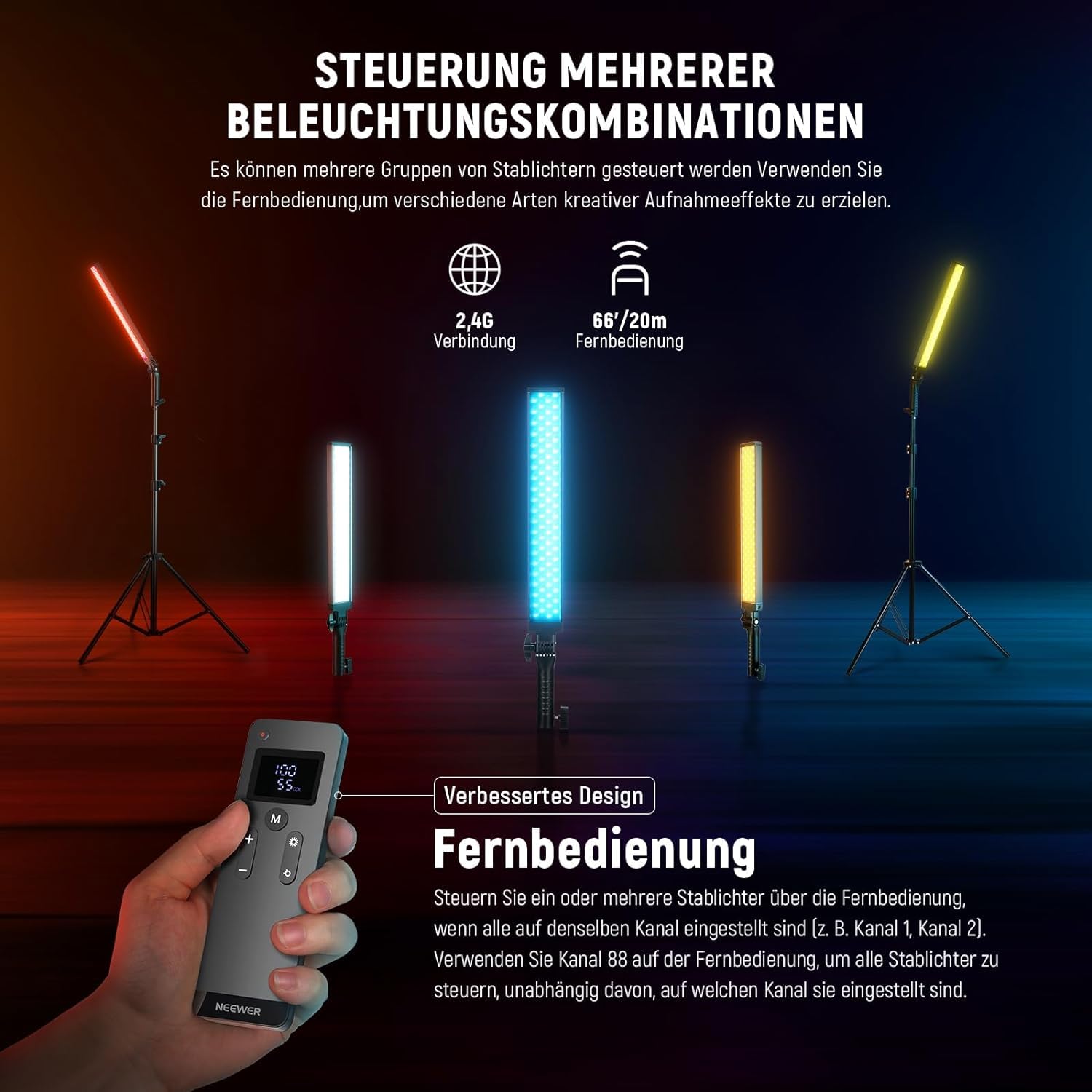NEEWER Verbesserter LED Video Lichtstab, 2,4G Fernbedienungsset 2er Pack handgeführte dimmbare 3200K~5600K CRI97+ Leuchtstab mit Ständern/Filtern/Tasche für YouTube Video Foto Gaming, BH20B Schwarz