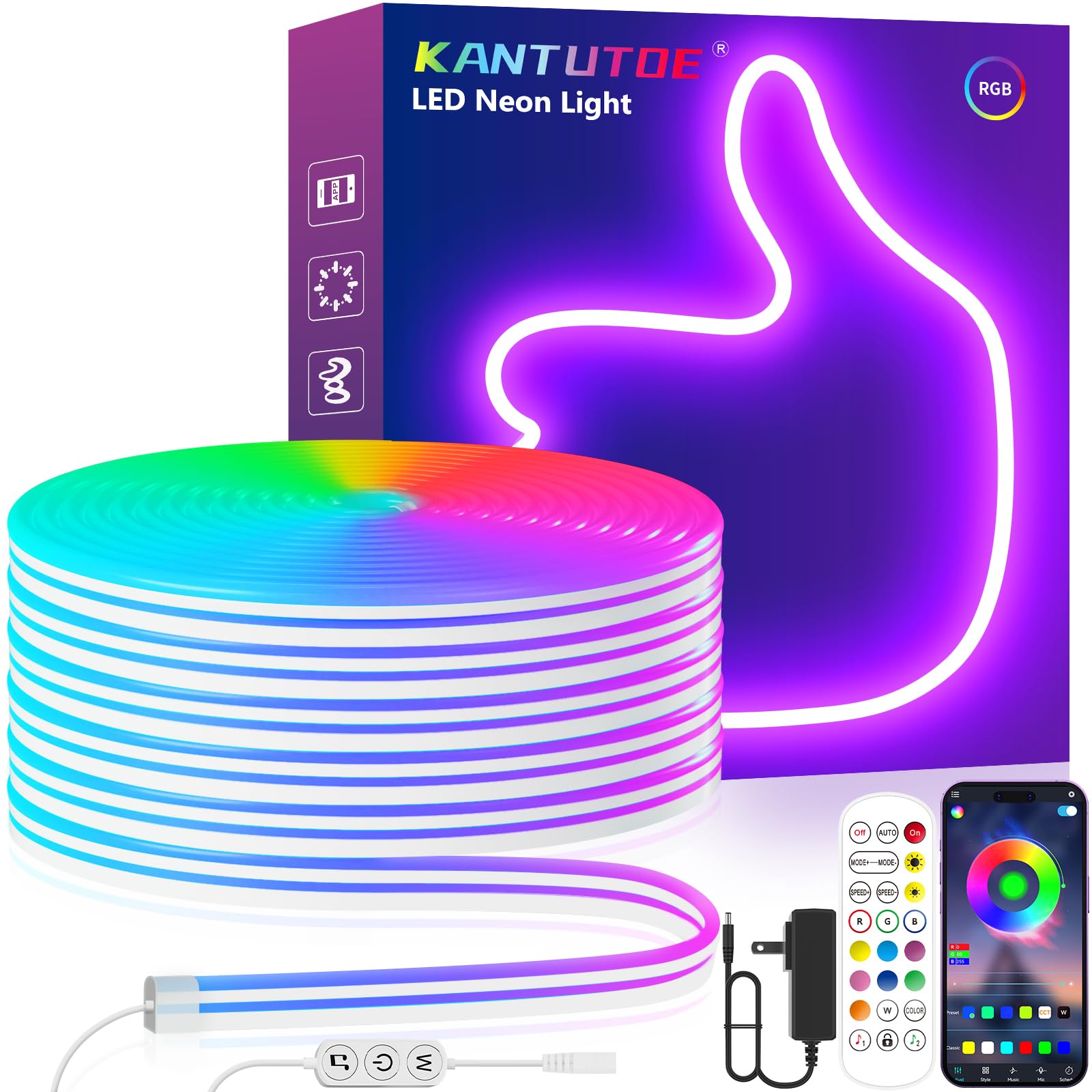 KANTUTOE LED Neon Rope Lights, 13.1ft RGB LED Light Strip, 24V Music Sync App/Remote Control DIY Rope Light, IP67 Waterproof Gaming Neon Strip Lights