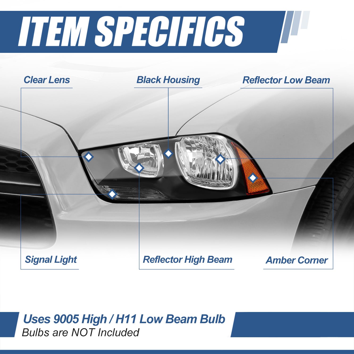 Auto Dynasty Headlights Assembly Compatible with 2011-2014 Dodge Charger, Driver and Passenger Side Halogen Headlamps Replacement, Black Housing Amber Corner