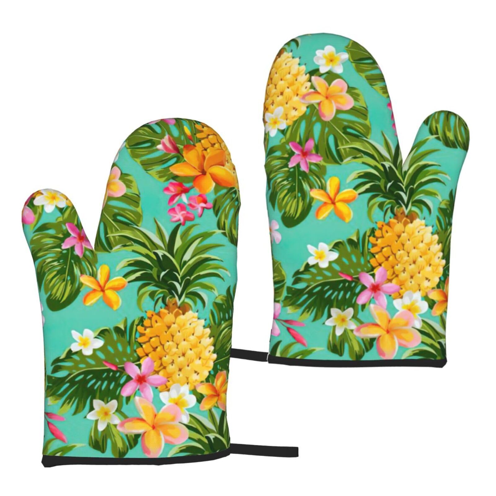 Nimongt Women's Black Tropical Fruit Pineapple Print Adults Universal Fit Heat Resistant Oven Gloves Reusable Cooking Outdoor Grilling
