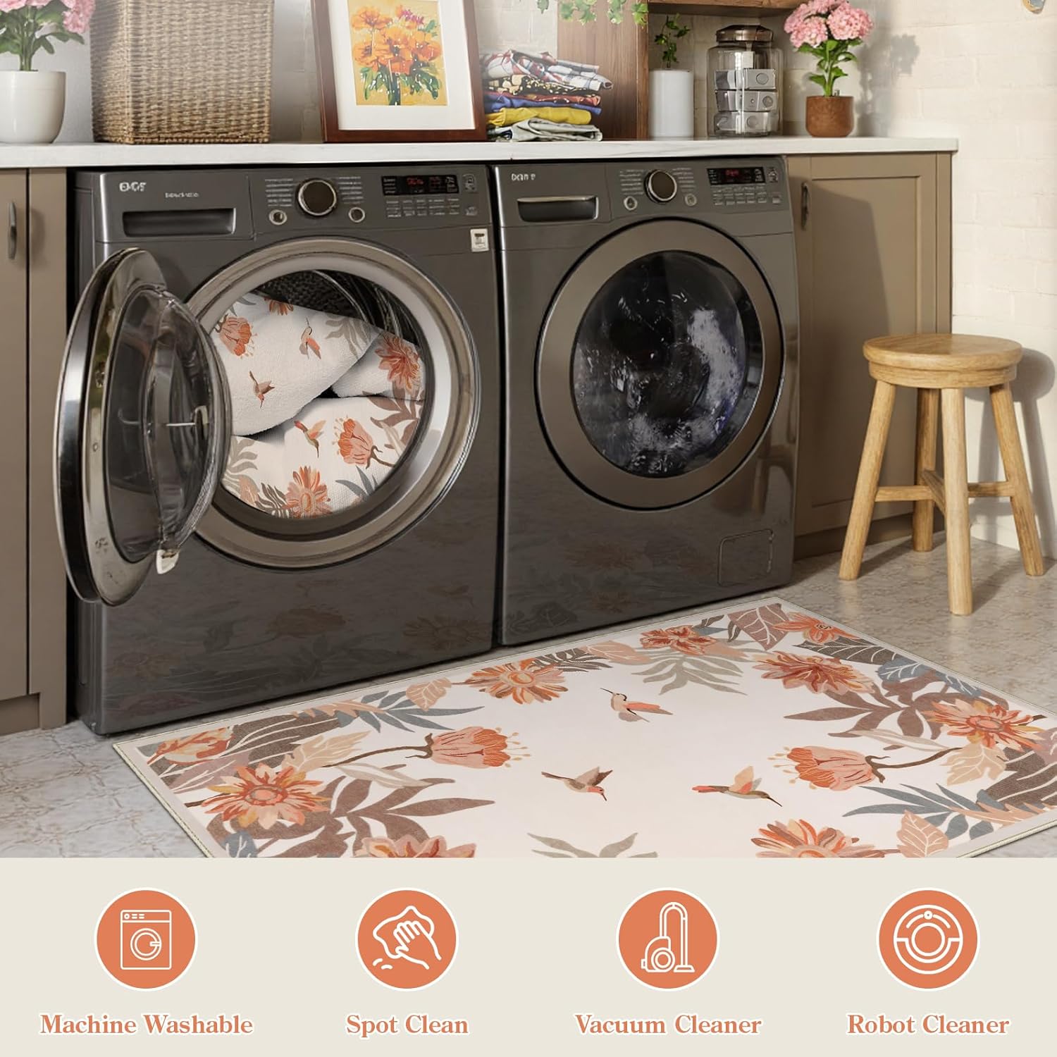 Beeiva Floral 3x5 Area Rug for Entryway - Washable Pink Boho Bedroom Rug, Stain Resistan Border Flower Print Small Throw Rugs Carpet for Living Room Kitchen Home Aesthetic Décor(Beige,3'x 5')