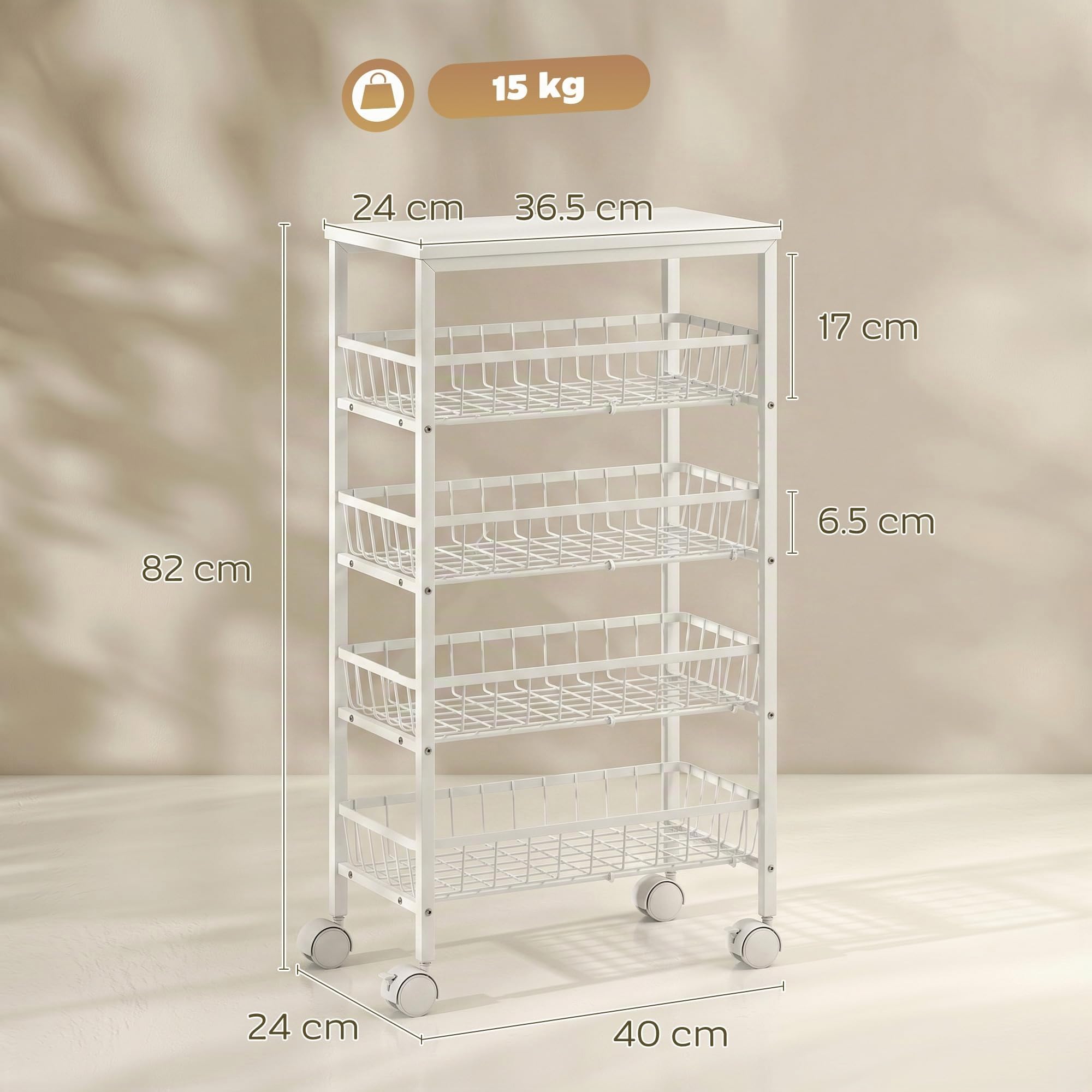 HOMCOM Carrello Cucina 4 Cestelli Estraibili in Metallo 40x24x82 cm Bianco