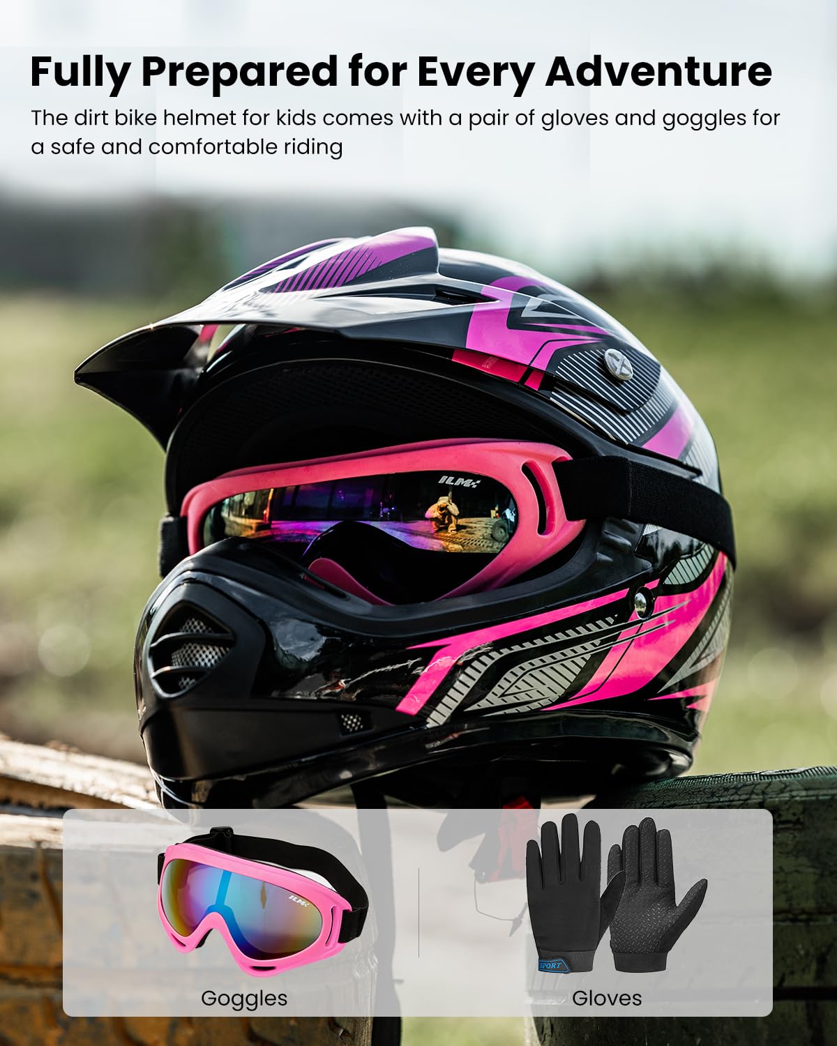 ILM Dziecięcy Kask Motokrosowy Dirt Bike dla Chłopców i Dziewcząt dla Młodzieży Unisex Homologowany ECE22.06 Full Face Off Road Rower Górski ATV Enduro MTB z Okularami i Rękawiczkami Model B07, Czarny