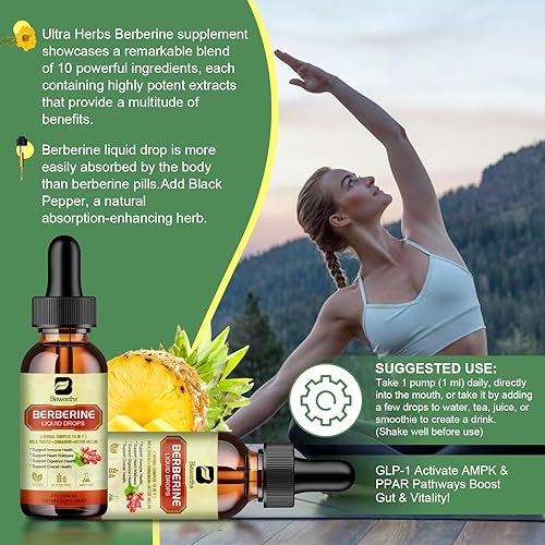 Miniatura 8 de Suplemento de berberina prémium  Gotas líquidas de berberina con cúrcuma, melón amargo, cardo mariano, canela de Ceilán, suplemento vegetal de
