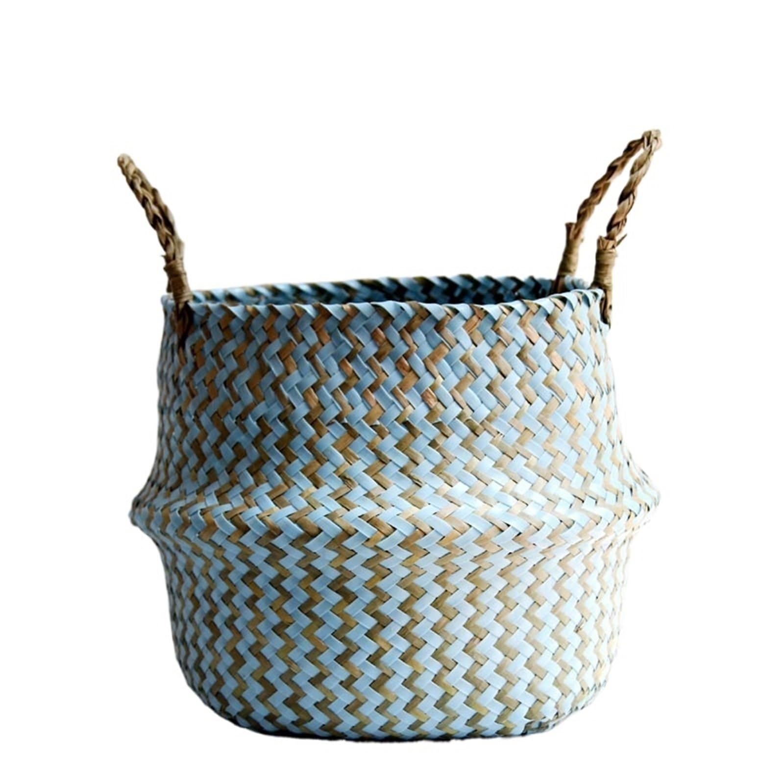DUNSBY Woven Planter 3 Pcs Striped Wicker Storage Baskets Handmade Collapsible Laundry Basket Patchwork Seaweed Flower Belly Garden Pot(Blue and brown,27cmX24cm)