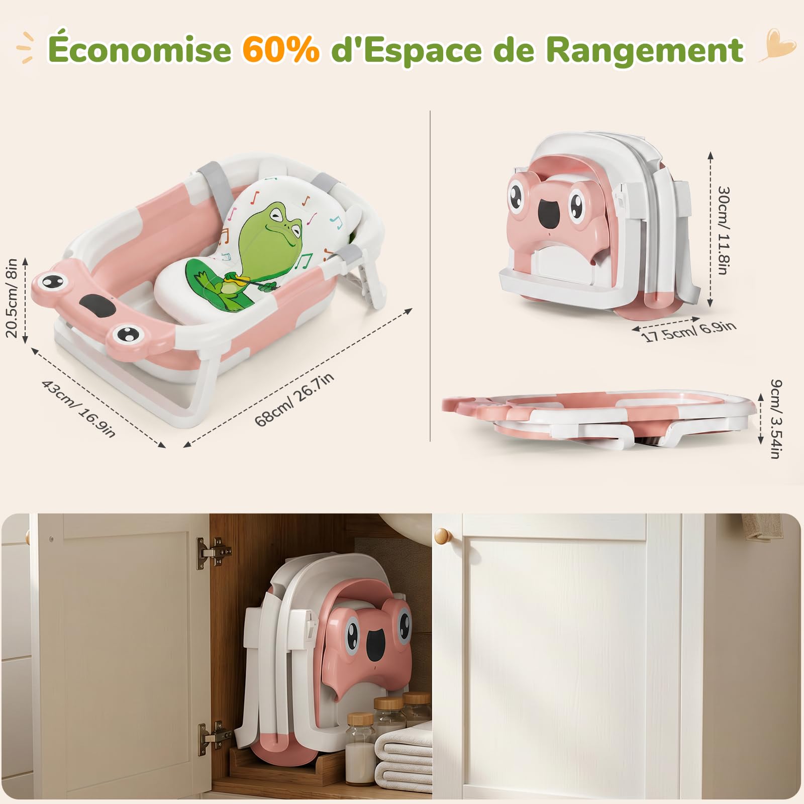 DEANIC Pliable Baignoire Bebe, Baignoire Bébé Naissance Adaptée aux Nouveau-nés de 0 à 24 Mois,Bain Bébés Portable, ne Prend Pas de Place (Rose)