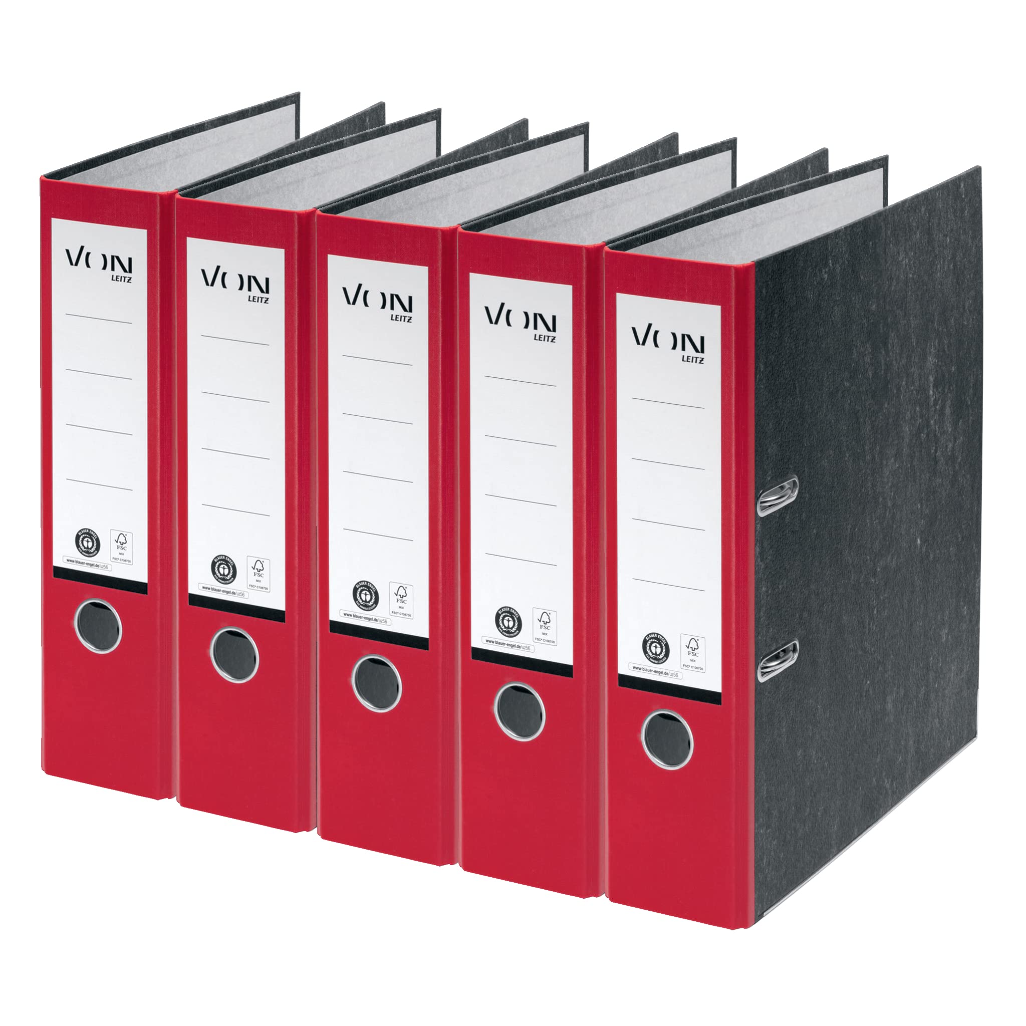 VON Leitz 10531025 Pack of 5 A4 Folders, 100% Recycled Cardboard, 80 mm Spine Width, for 600 Sheets, Marbled, Blue Angel & FSC Certified, for School, Study & Household, Red