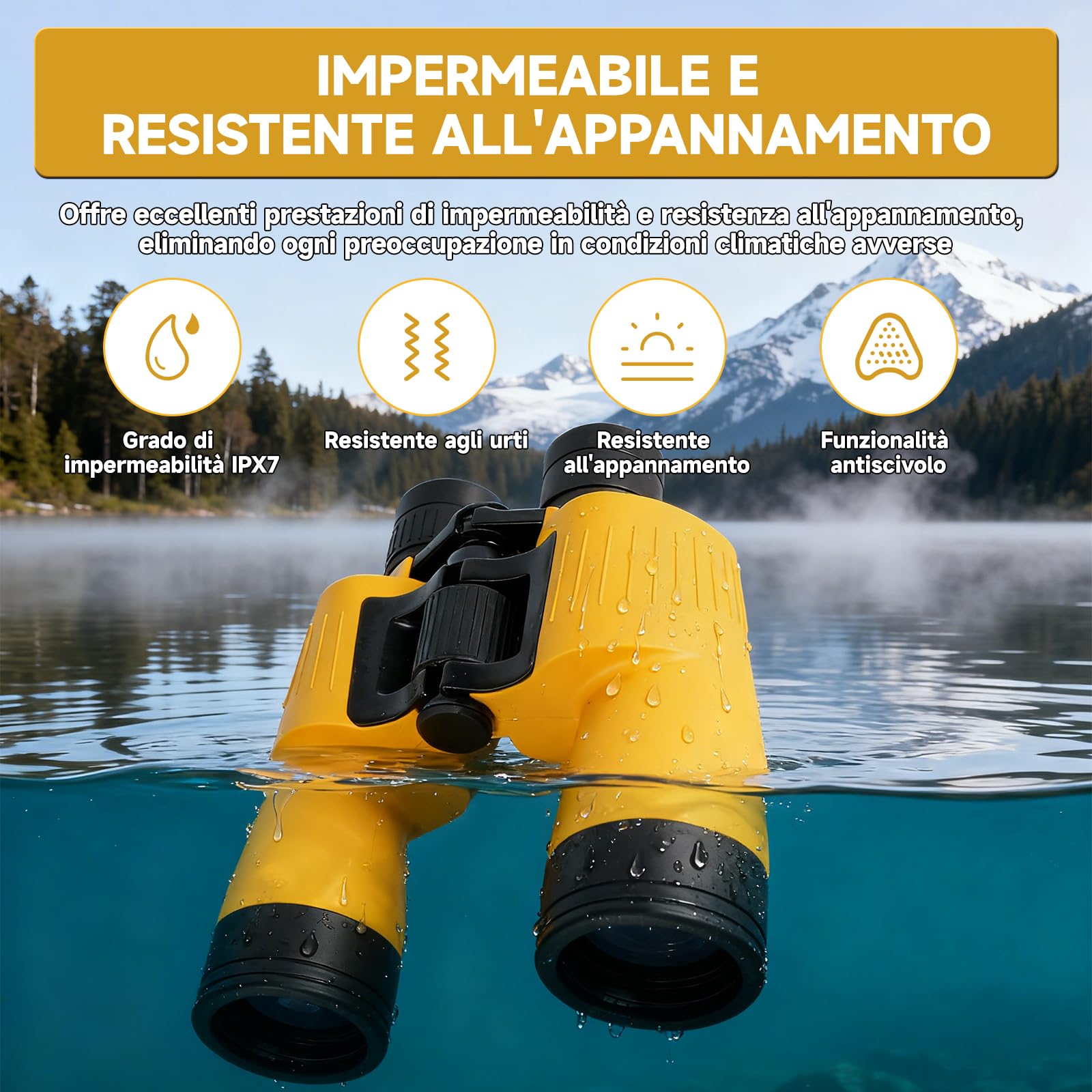 Binocolo 7x50 Professionale per Adulti, Binocolo Impermeabile e Galleggiante, con Prismi BAK4 e Lenti FMC, per Nautica, Caccia, Pesca e Sport, Colore Giallo