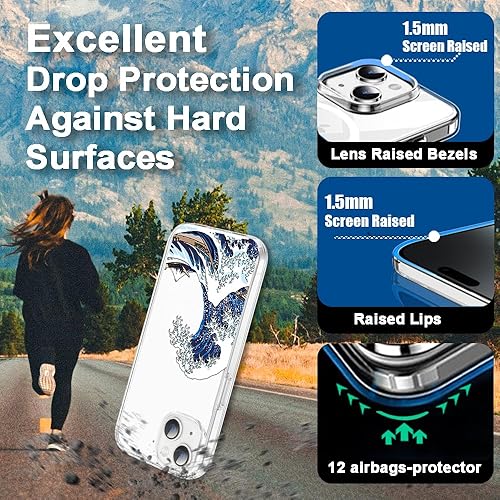 Miniatura 3 de KEXAAR Funda para iPhone 14 diseño de ondas japonesas transparente del mar del océano para niñas y mujeres parachoques de TPU suave parte trasera