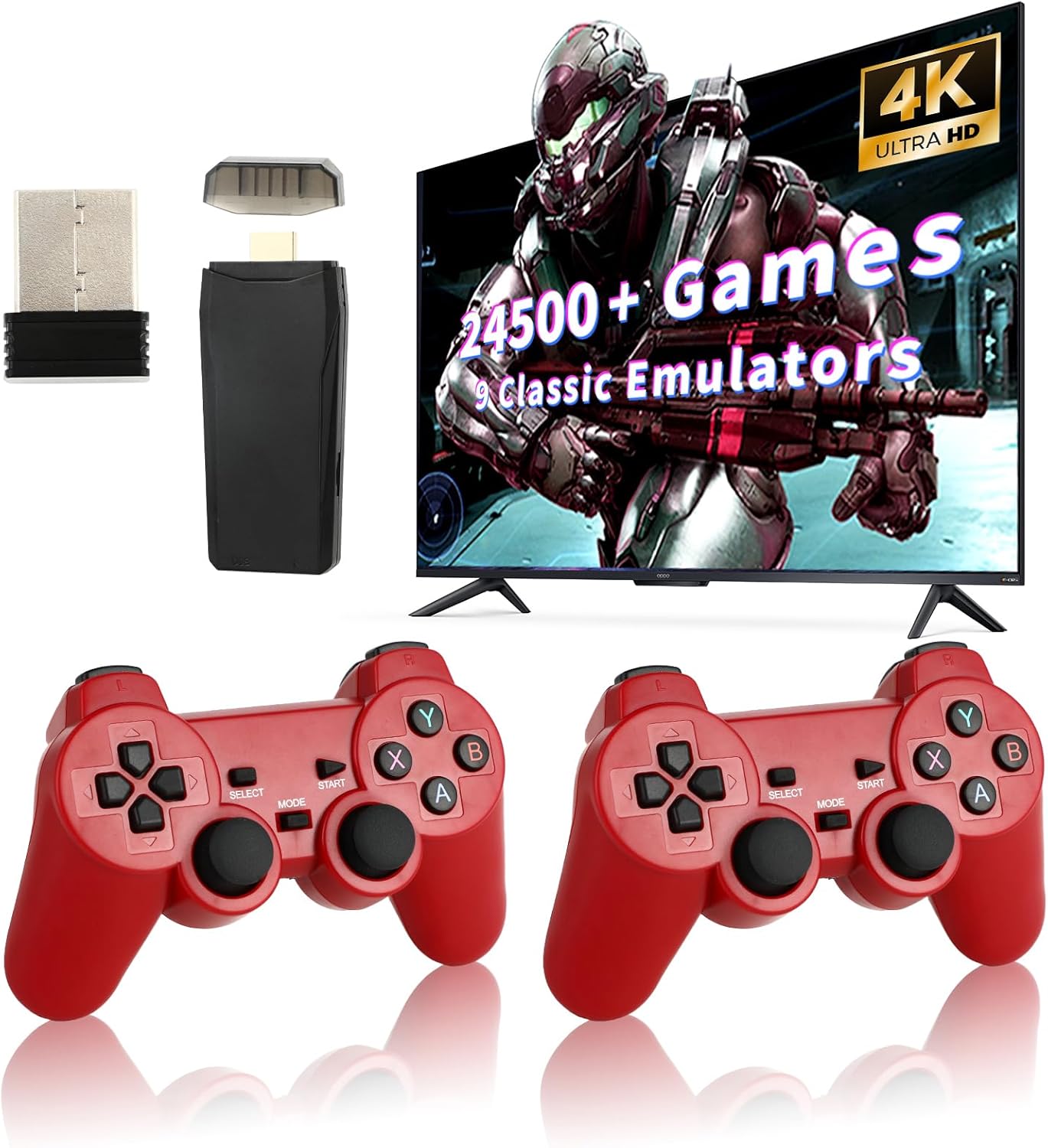 Retro Game Console, Wireless Retro Game Console, 24500+ Games Built-in, 4K HDMI Output, 9 Emulators, Dual 2.4GHz Wireless Game, Plug and Play Video TV Games, Deep Red