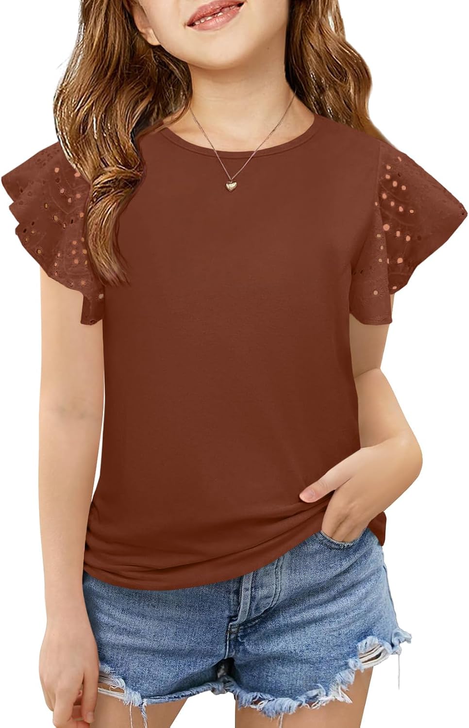 ZDC Girls Ruffle Sleeve T Shirts Summer Crewneck Eyelet Tee Short Sleeve Tops Casual Cute Blouse 5-14 Years