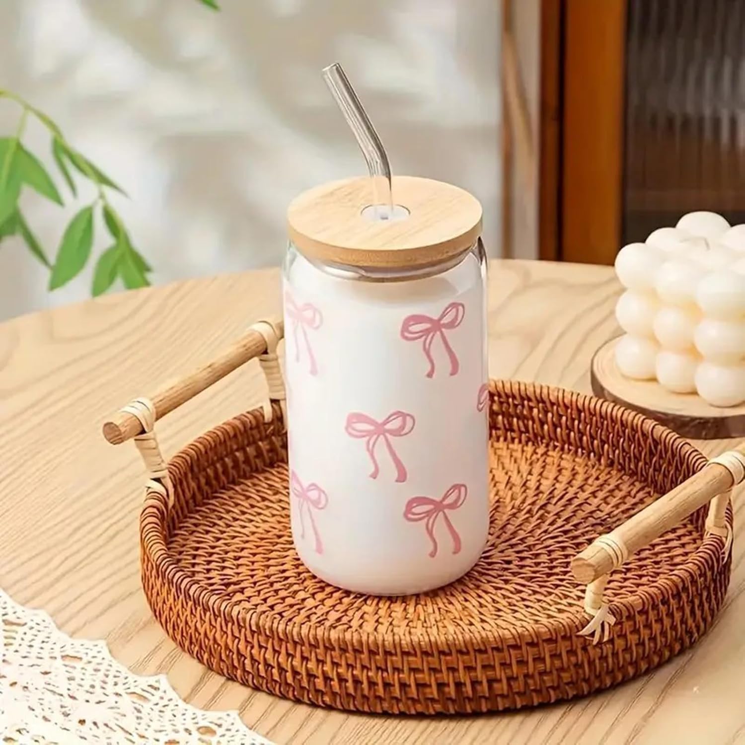 Pink Bow Tumbler with Straw and Lid Aesthetic Glass Cups Iced Coffee Cup Pink Cute Glass Cups 17oz Tumbler Smoothie, Gifts for Girls Women Friends, 500ml