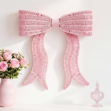 Wesiti Rattan Bow Wall Decoration Pink Boho Bow Wall Decor Woven Natural Hanging Woven Decor for Nursery Bedroom Home Farmhouse Decorations Weddings Housewarming Gifts