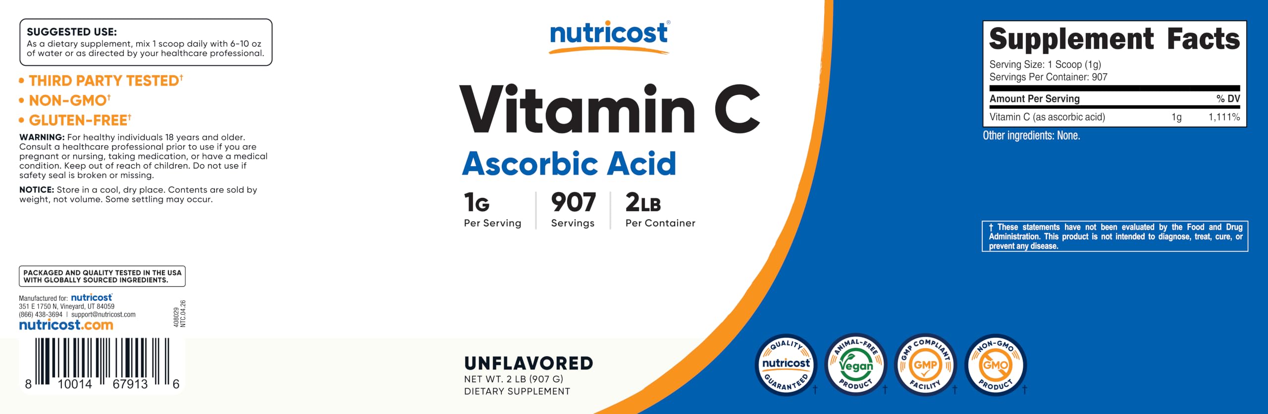 Nutricost Ascorbic Acid Powder (Vitamin C) 2 LBS - Gluten Free, Non-GMO — Amazon image 6
